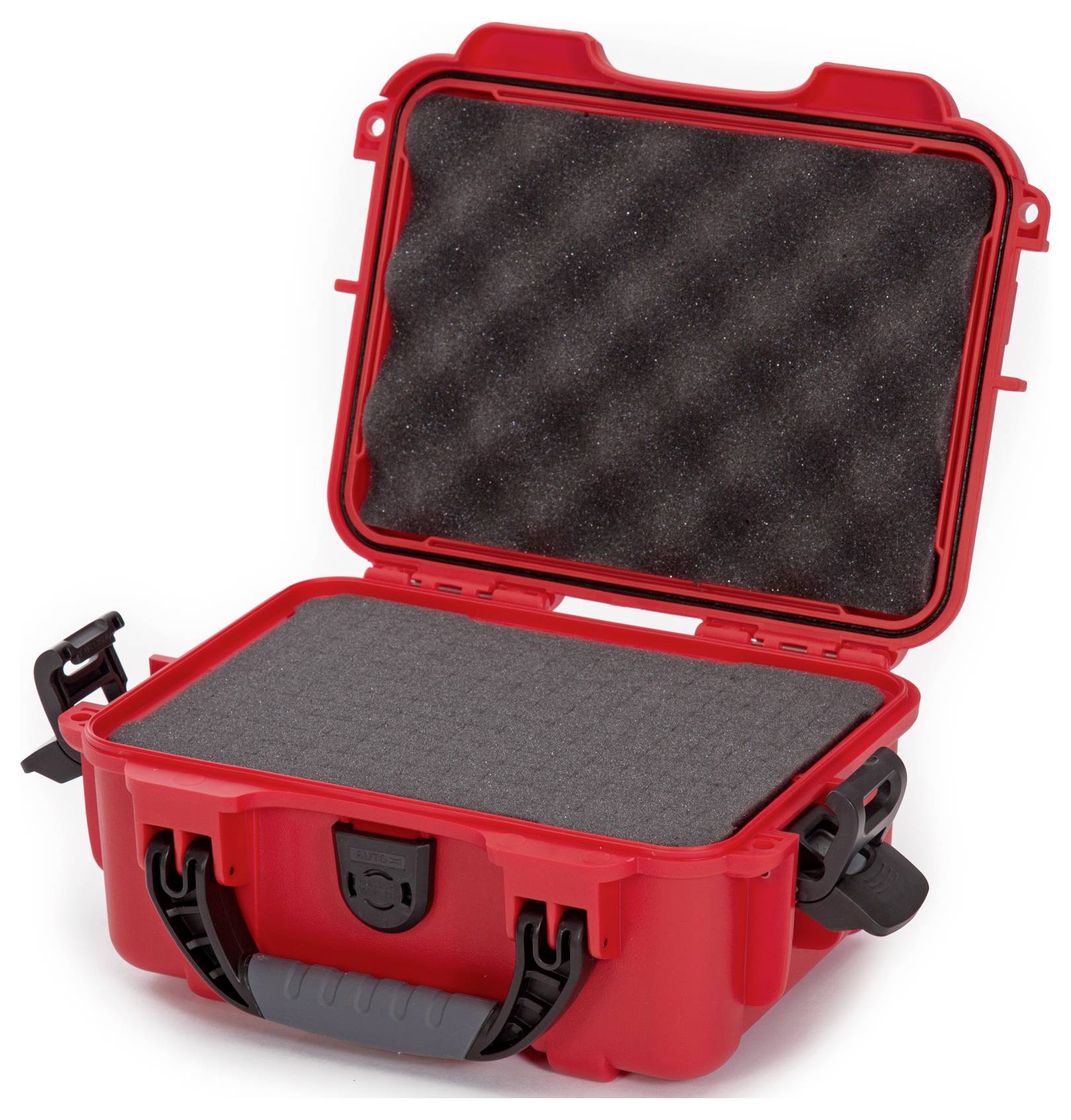 Czerwona, otwarta walizka ochronna z wyścieleniem piankowym wewnątrz. Odpowiednia do bezpiecznego transportu delikatnych przedmiotów.