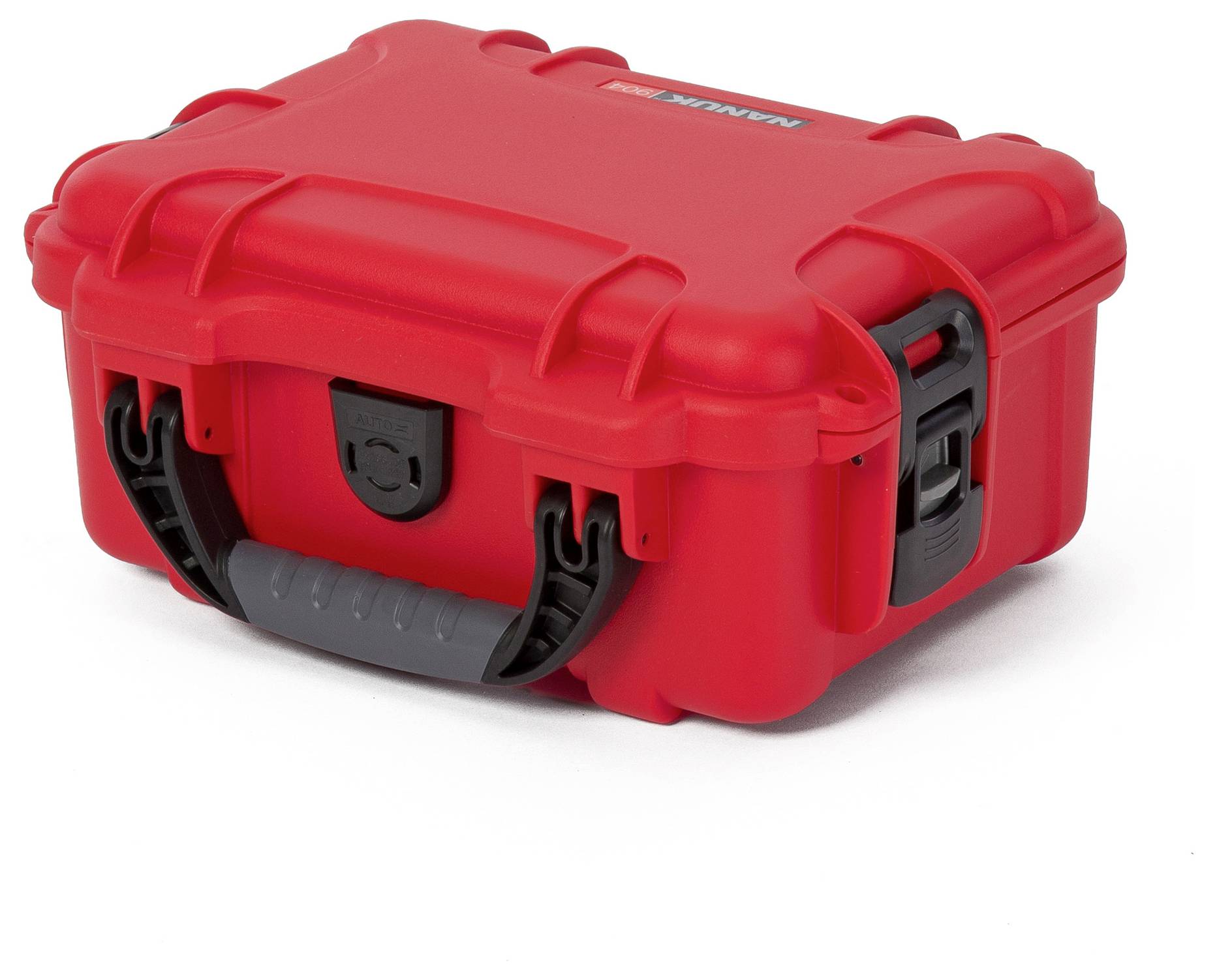 Czerwony, wytrzymały kufer ochronny z czarnym uchwytem i zamknięciami. Idealny do bezpiecznego przechowywania delikatnych urządzeń.