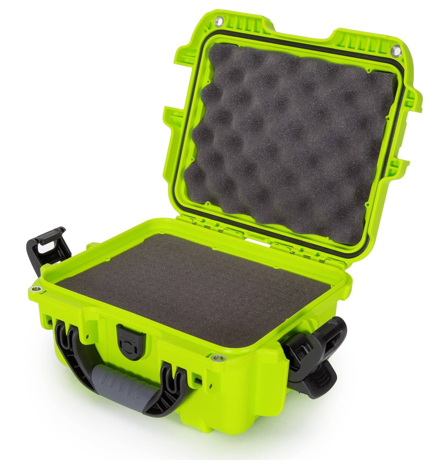 Zielony, otwarty futerał ochronny z wyściółką piankową, odpowiedni do bezpiecznego transportu delikatnych urządzeń elektronicznych.