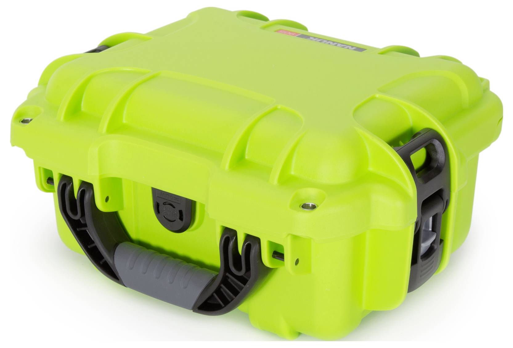 Świecący na zielono, wytrzymały kufer ochronny z czarnym uchwytem i zamknięciami. Odpowiedni do bezpiecznego przechowywania delikatnych urządzeń.