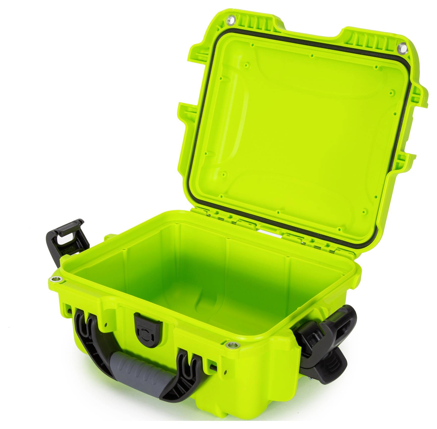 Otwarty, zielony, wytrzymały kufer ochronny z solidnymi zamknięciami i uchwytem, odpowiedni do bezpiecznego przechowywania urządzeń.