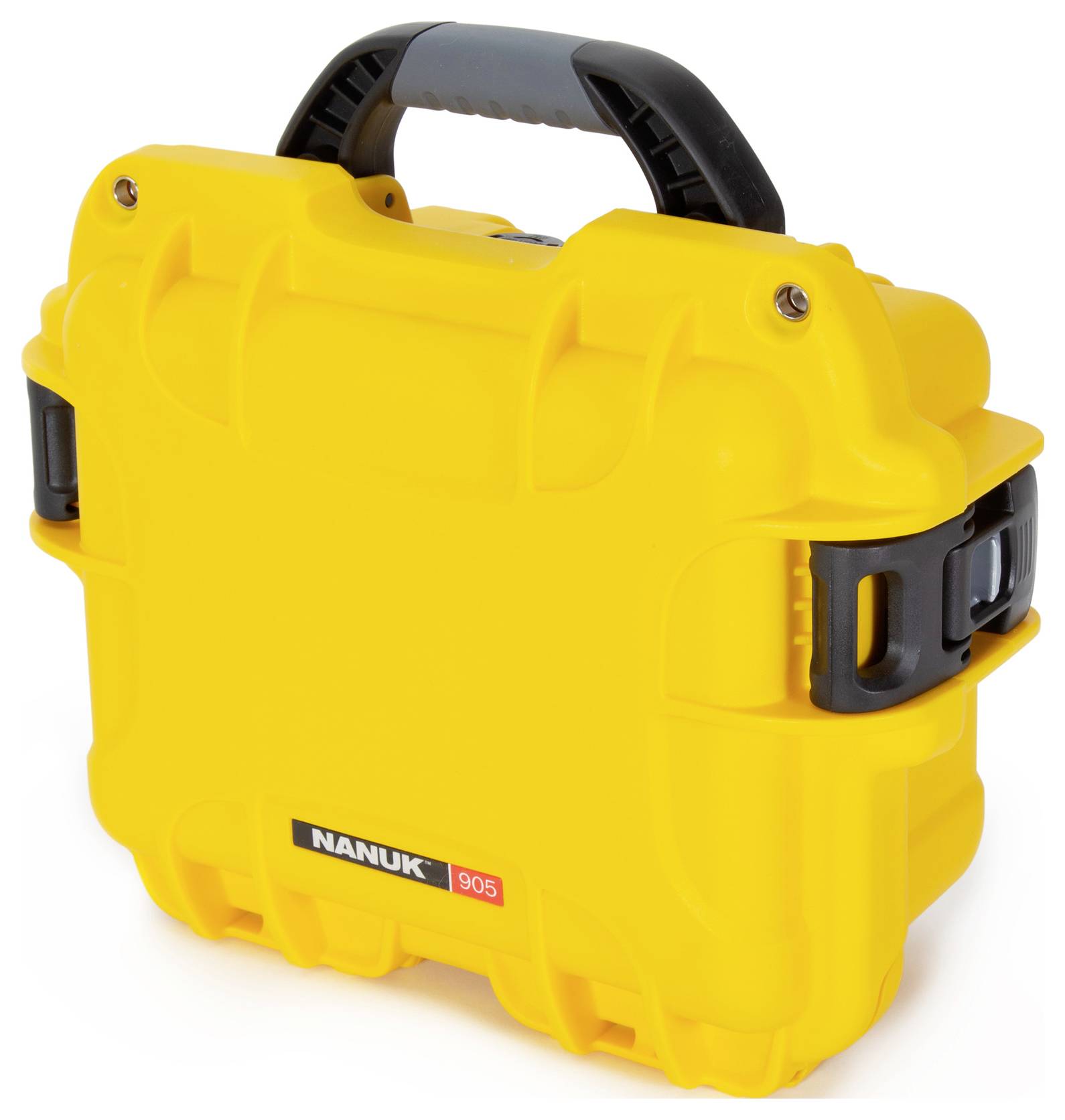 Żółta, wytrzymała walizka z czarnym uchwytem i zamkami, odpowiednia do bezpiecznego transportu delikatnych przedmiotów.