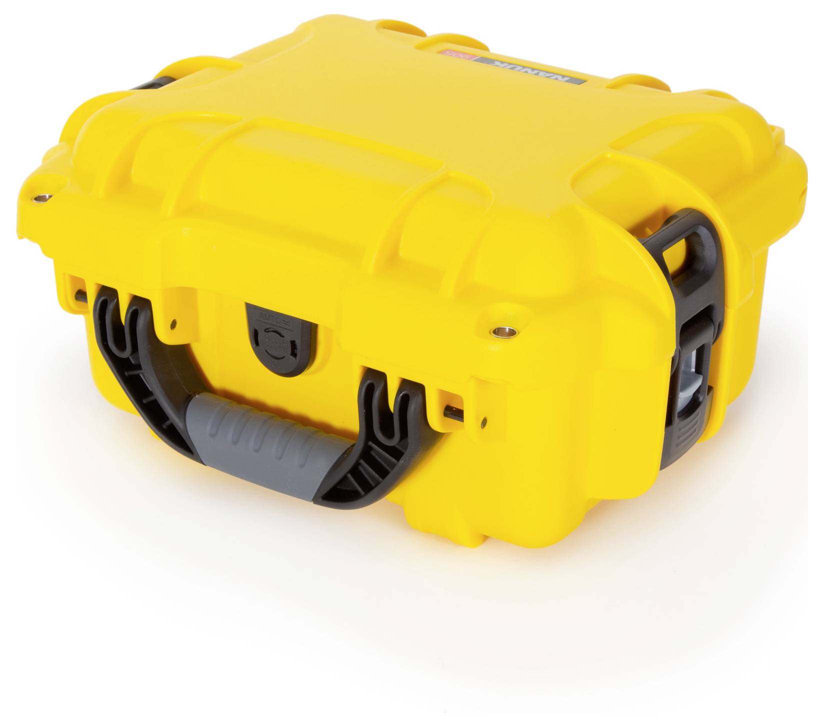 Żółta, solidna walizka z czarną rączką, idealna do bezpiecznego przewożenia delikatnych urządzeń i narzędzi.