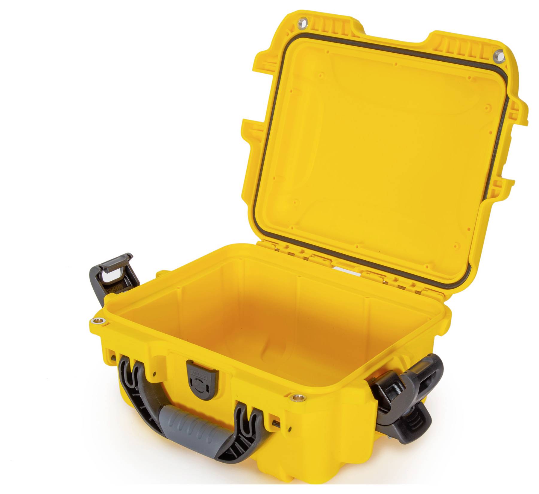 Żółta otwarta walizka ochronna o solidnej obudowie i czarnym uchwycie. Idealna do bezpiecznego przechowywania delikatnych urządzeń.