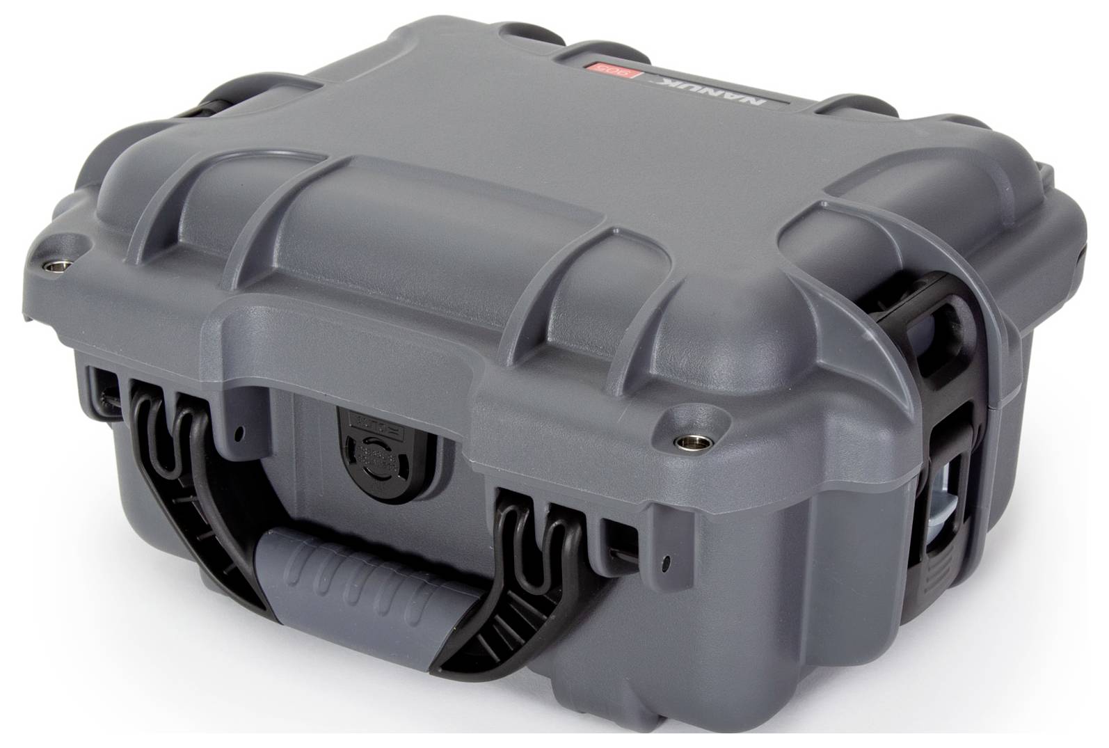 Szary, wytrzymały futerał ochronny z uchwytem, zaprojektowany do bezpiecznego przechowywania i transportu delikatnych urządzeń.