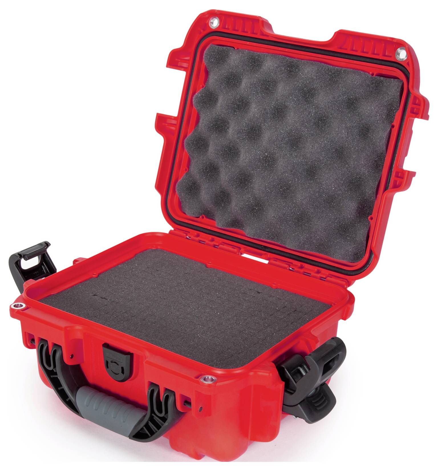 Czerwona, otwarta walizka ochronna z wyściółką piankową wewnątrz. Odpowiednia do bezpiecznego transportu delikatnych przedmiotów.