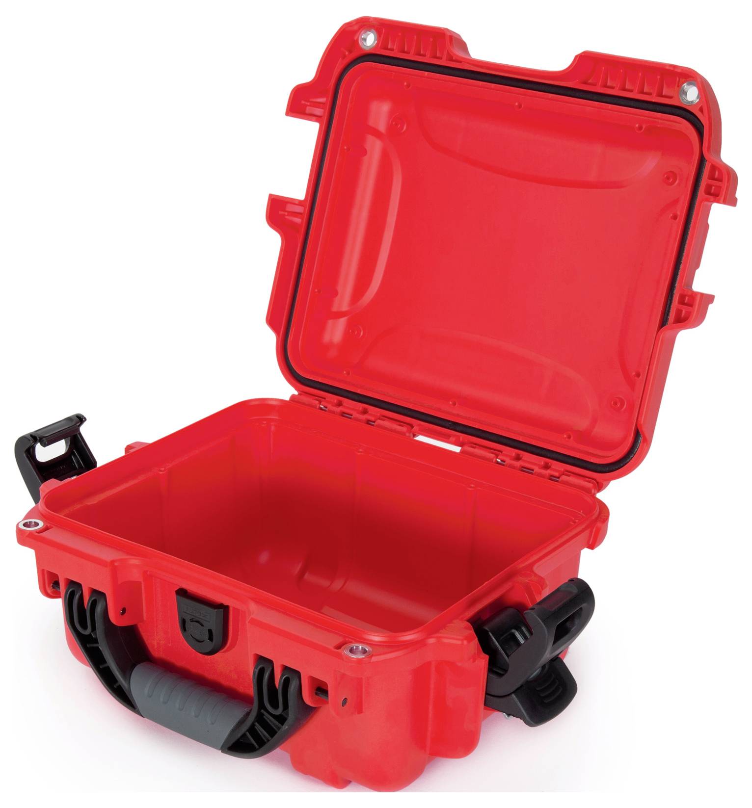 Czerwony, otwarty, wytrzymały kufer ochronny z czarnym zamknięciem i uchwytem, odpowiedni do bezpiecznego przechowywania delikatnych przedmiotów.