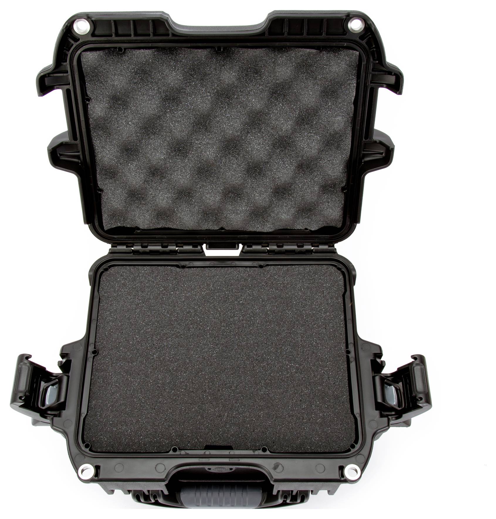 Czarny, otwarty twardy kufer z wkładką piankową, odpowiedni do ochrony i transportu delikatnych przedmiotów.