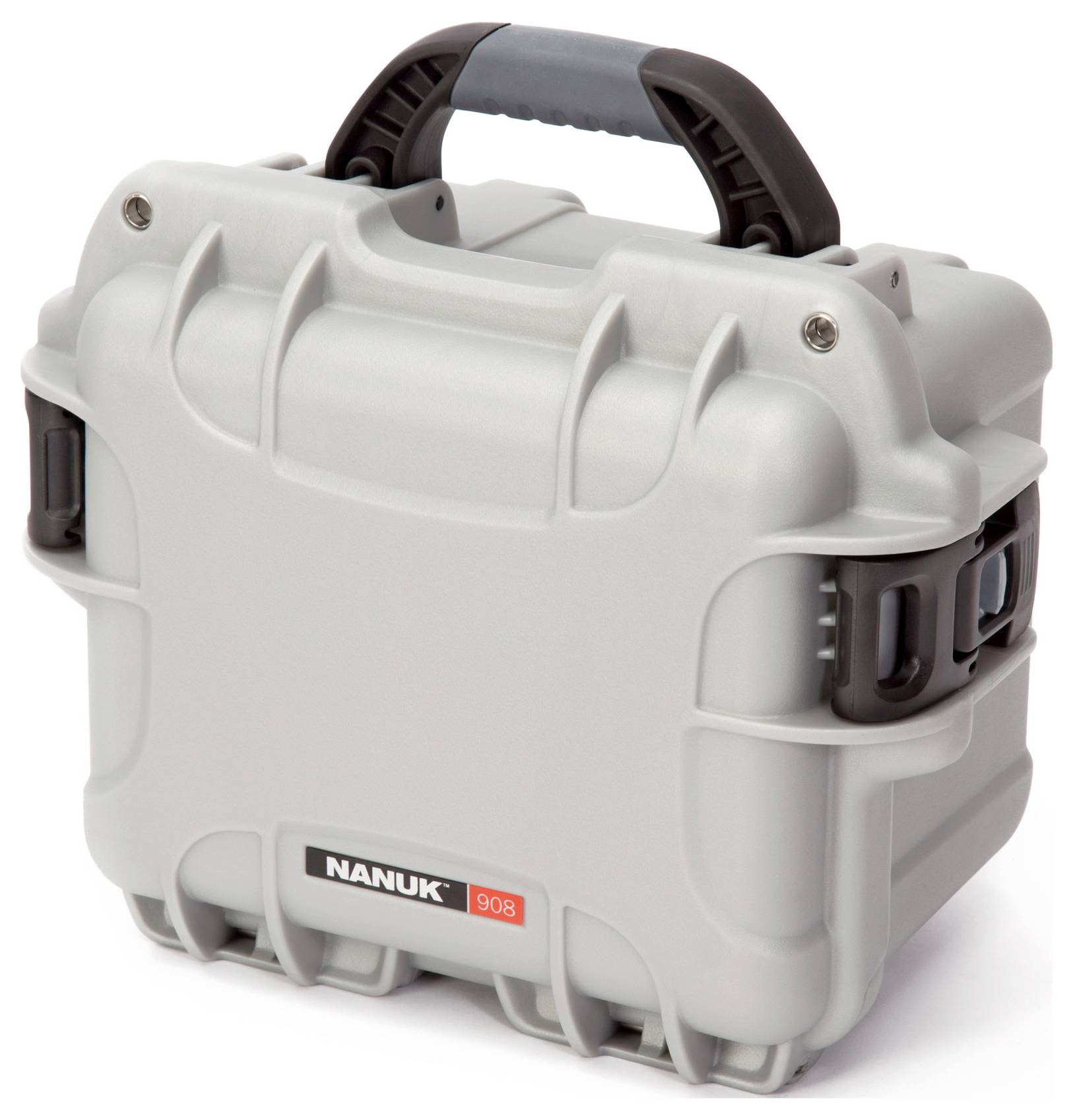 Szary, wytrzymały kufer transportowy z czarnym uchwytem i napisem 'Nanuk 908', przeznaczony do ochrony delikatnego sprzętu.