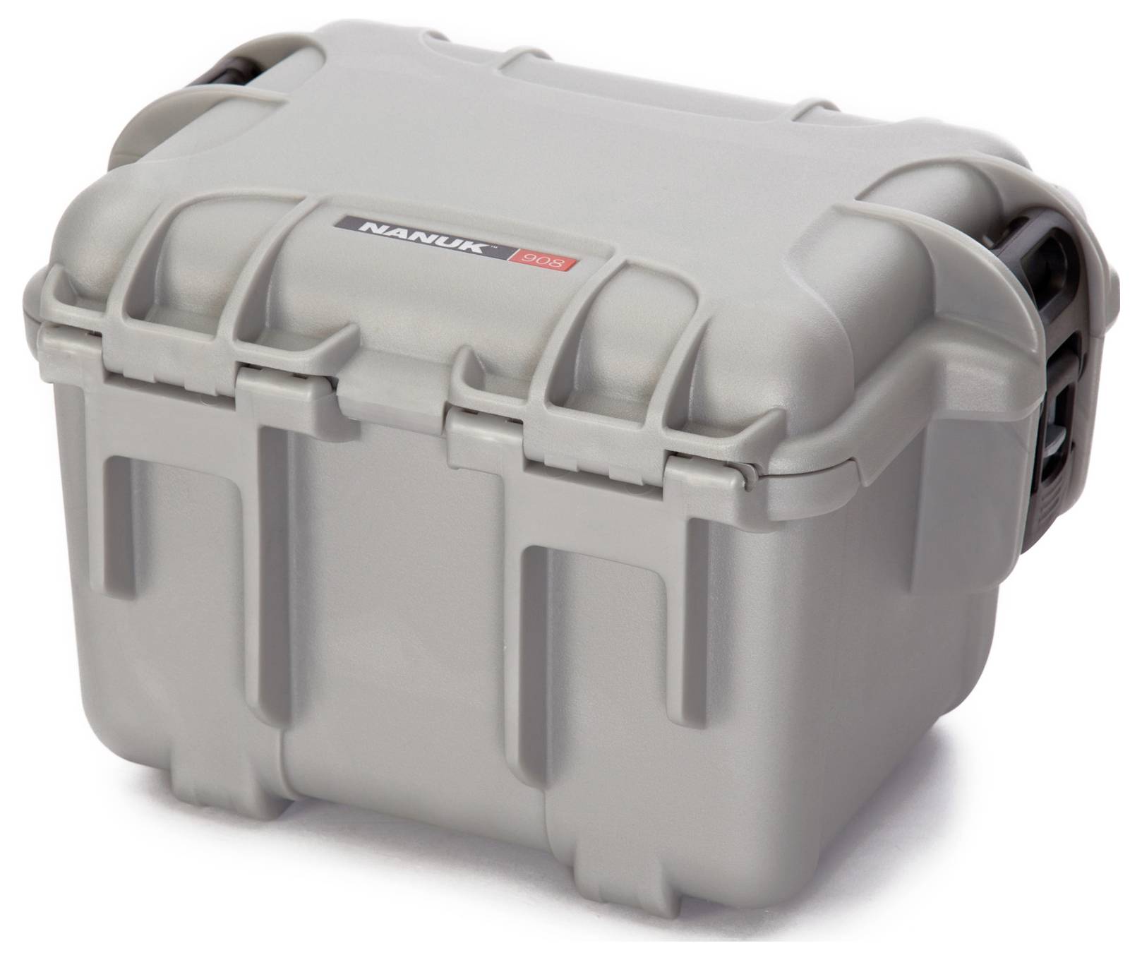 Szary, wytrzymały twardy kufer z czarną rączką, odpowiedni do bezpiecznego transportu delikatnego sprzętu.