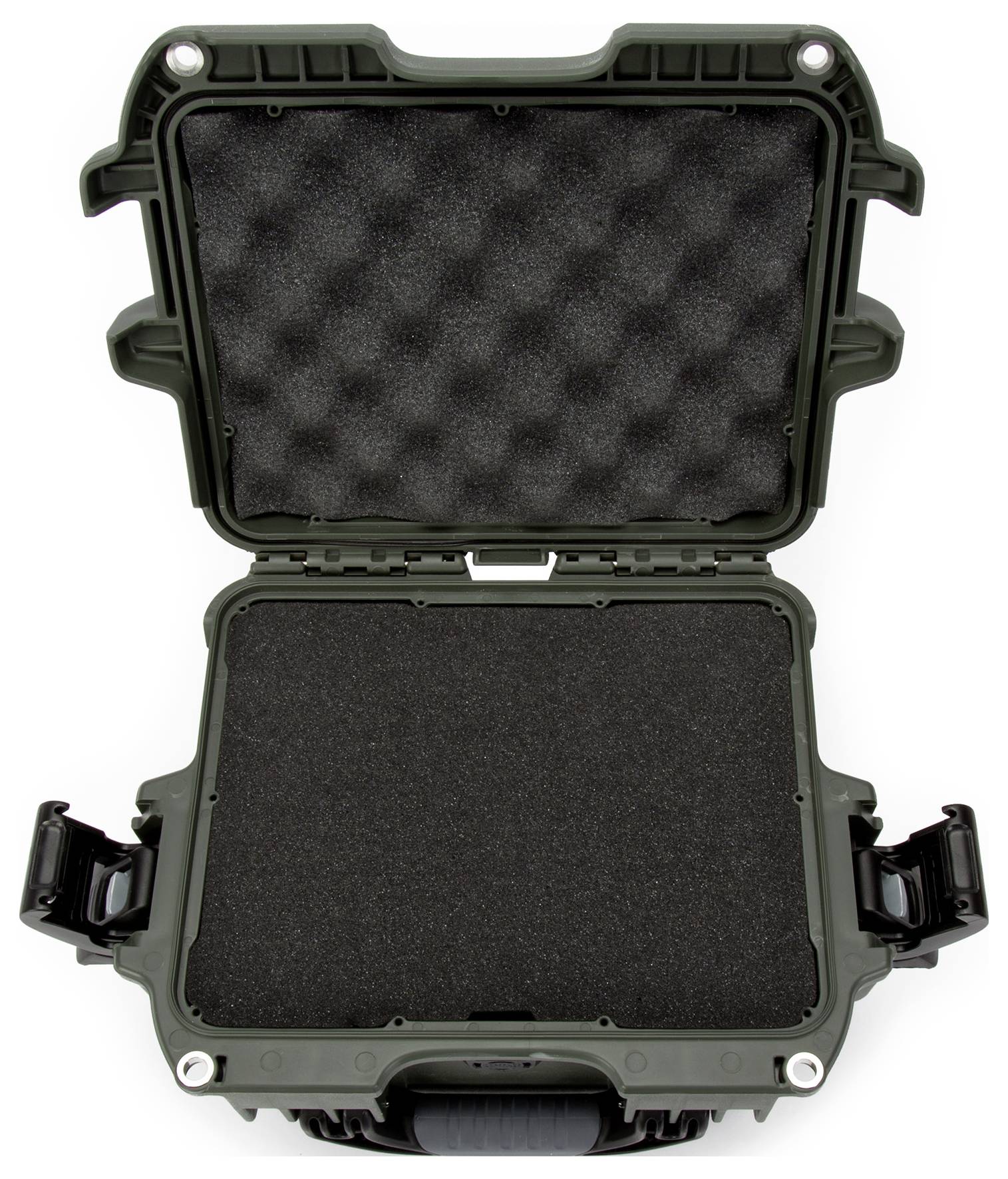 Otwarty, pusty kufer ochronny z czarną pianką wewnątrz. Idealny do wrażliwych urządzeń elektronicznych lub sprzętu fotograficznego.