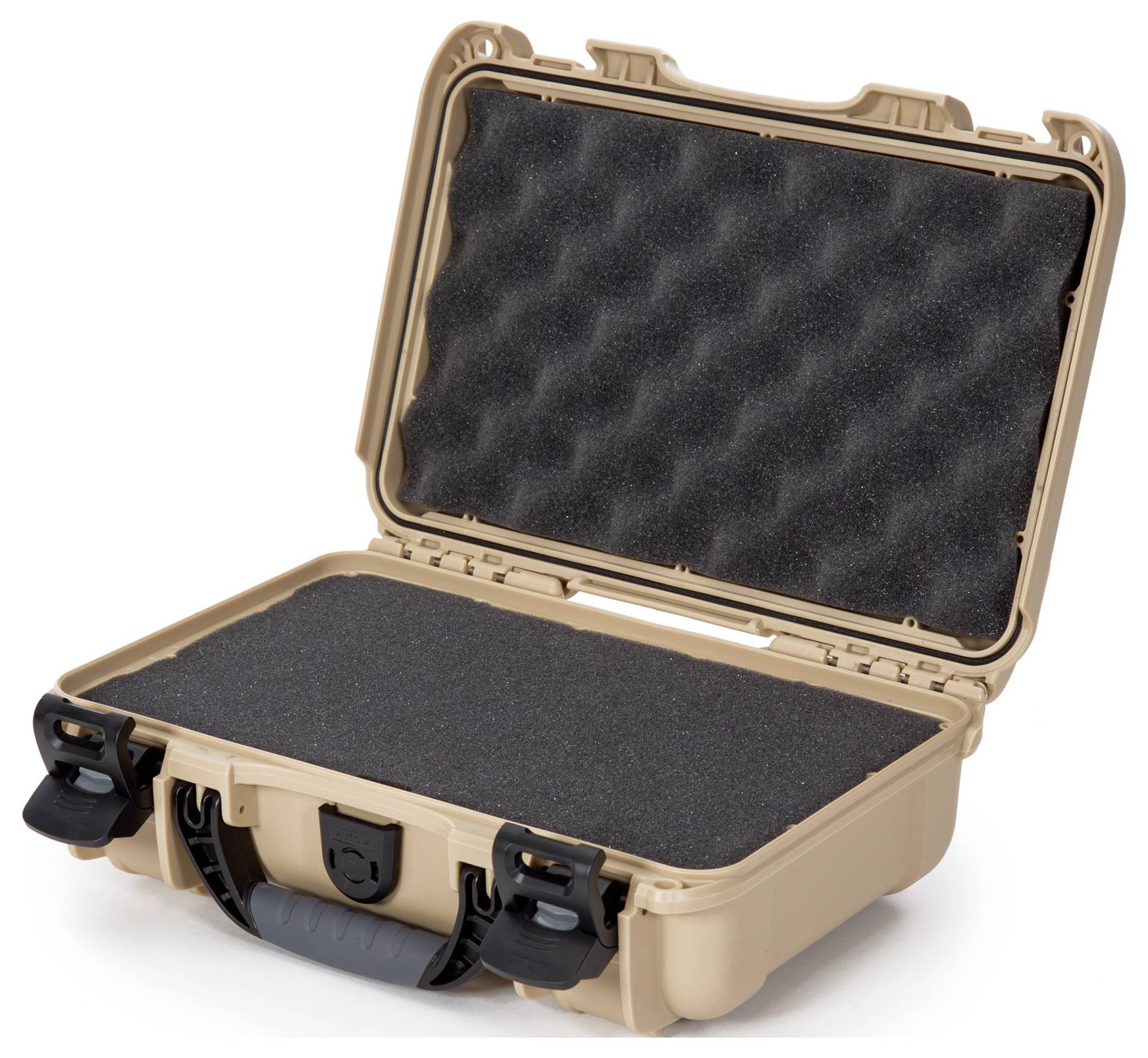 Otwarty, beżowy twardy kufer plastikowy z czarną wkładką piankową i falistym wzorem na pokrywie.