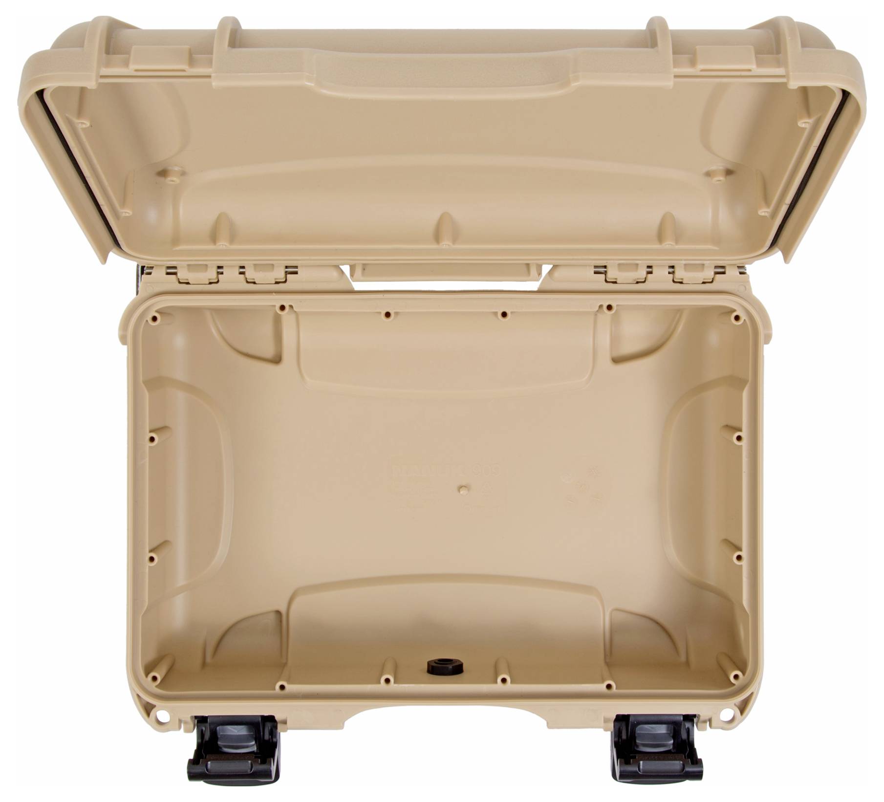 Otwarty, pusty, beżowy twardy kufer z solidnymi zamknięciami, odpowiedni do bezpiecznego transportu delikatnych przedmiotów.