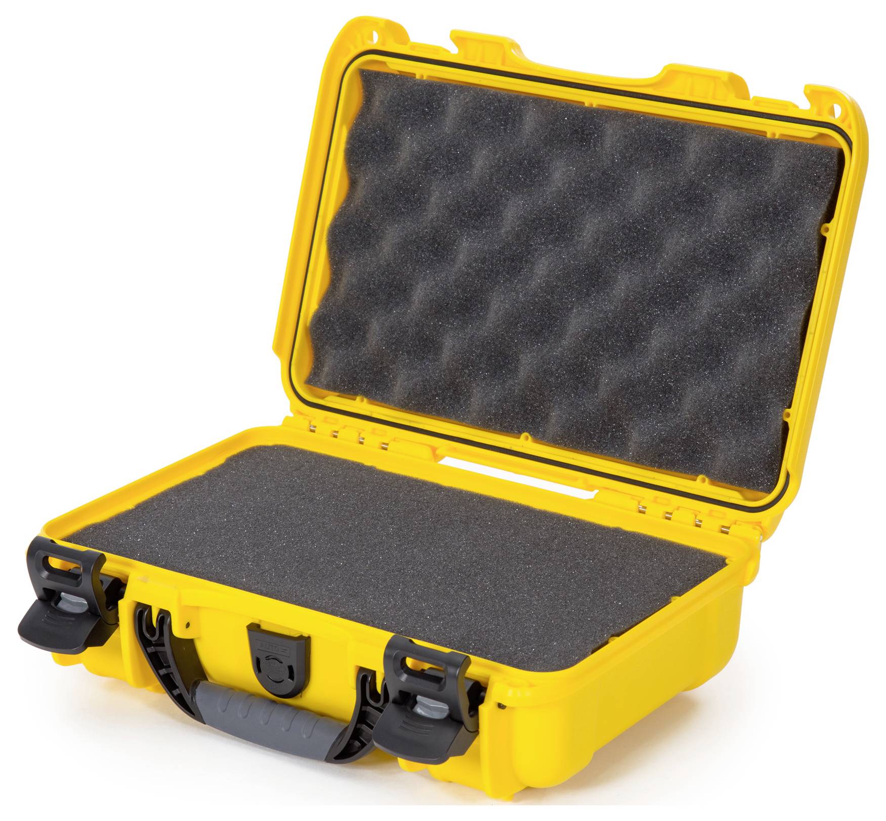 Żółty, otwarty, wytrzymały twardy kufer z czarną pianką wewnątrz, odpowiedni do bezpiecznego transportu delikatnych urządzeń.