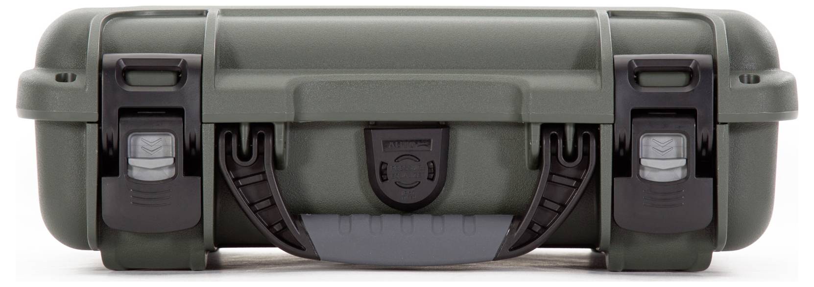 Zamknięty, wytrzymały szary kufer z czarnymi klamrami i uchwytem, odpowiedni do bezpiecznego transportu delikatnych przedmiotów.