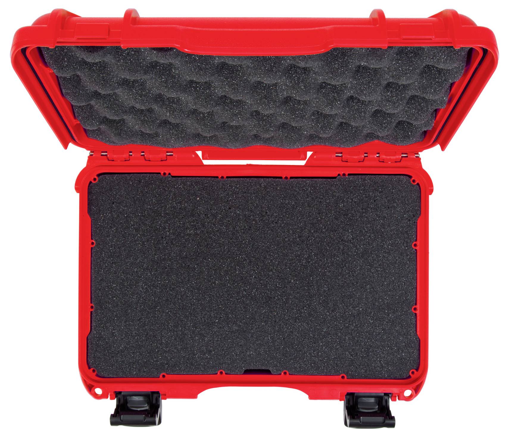 Czerwona, otwarta walizka twardoskrupowa z czarną wyściółką piankową wewnątrz.
