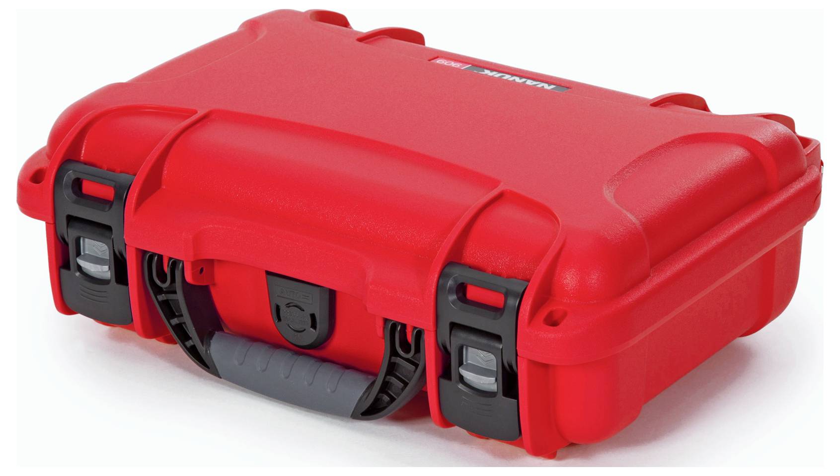 Czerwony, wytrzymały twardy kufer z czarnymi zamknięciami i szarą rączką, idealny do bezpiecznego transportu delikatnych przedmiotów.