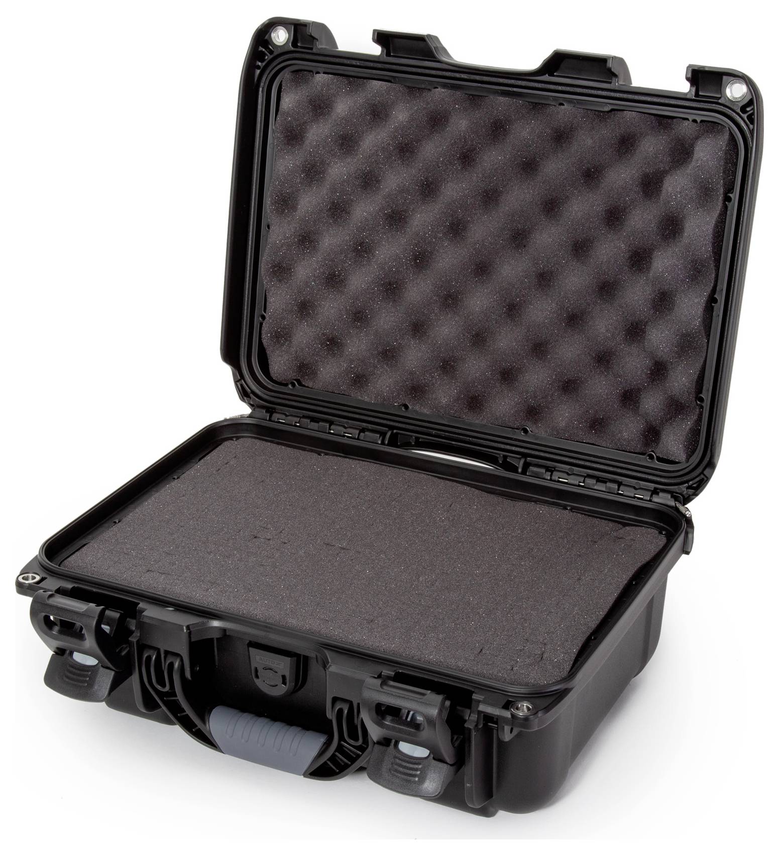 Otwarty czarny twardy kufer z wyściółką piankową do ochrony delikatnych przedmiotów.