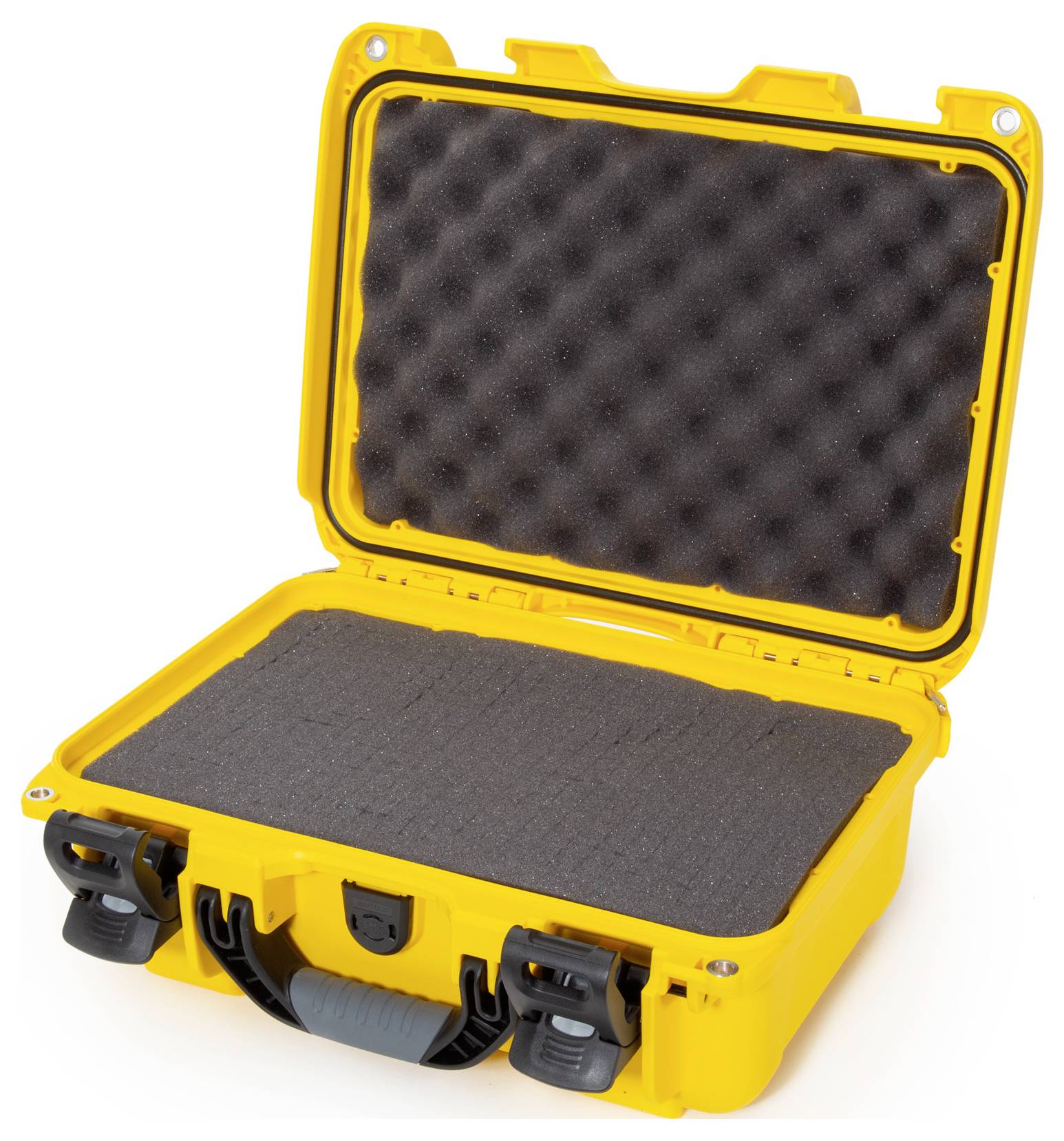 Pomarańczowa, otwarta twarda walizka z wkładką piankową, odpowiednia do zabezpieczania delikatnego sprzętu podczas transportu.