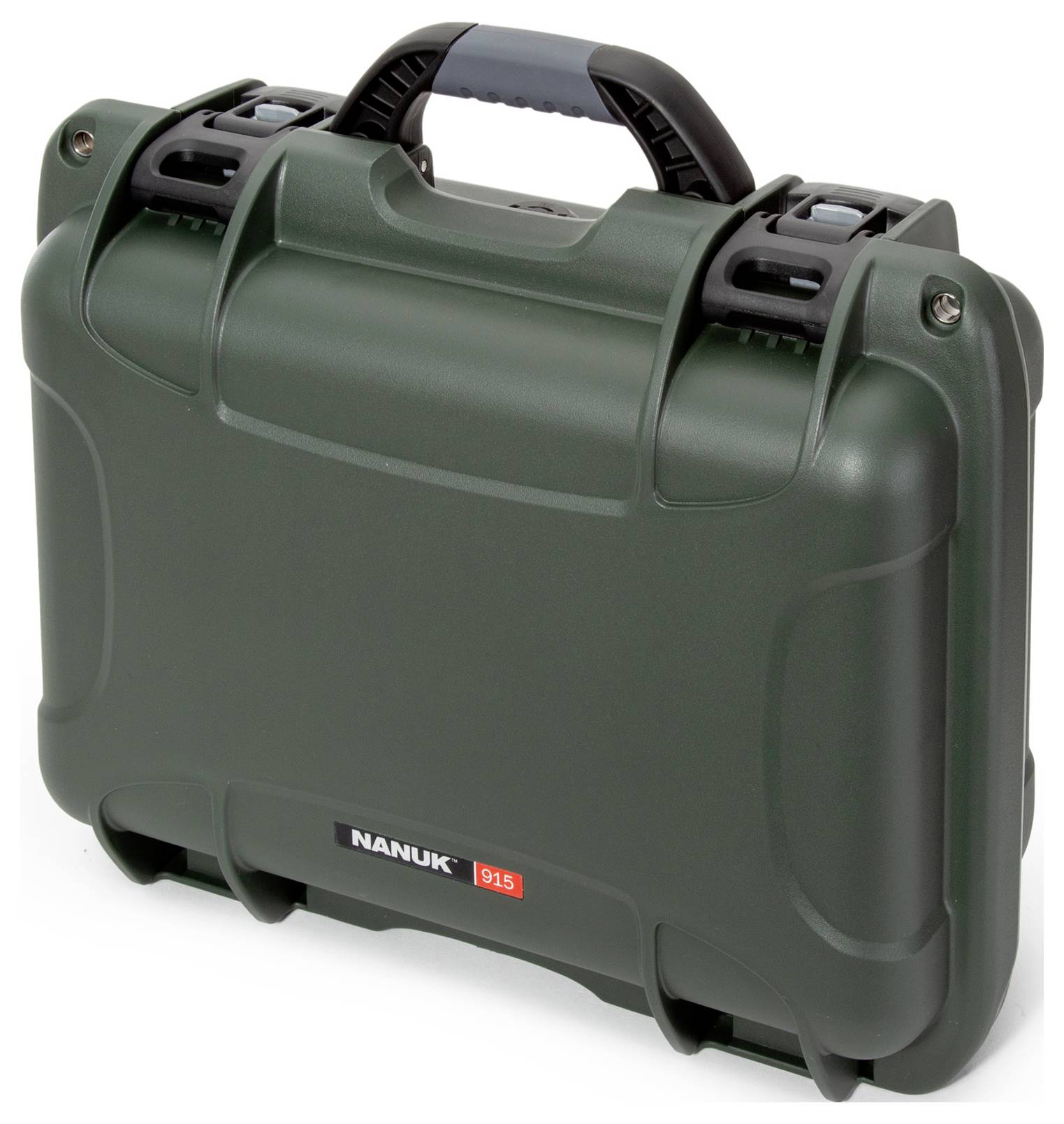 Zielony wzmocniony kufer ochronny z wzmocnioną rączką i zatrzaskami. Na przedniej stronie kufra widnieje napis 'Nanuk 915'.