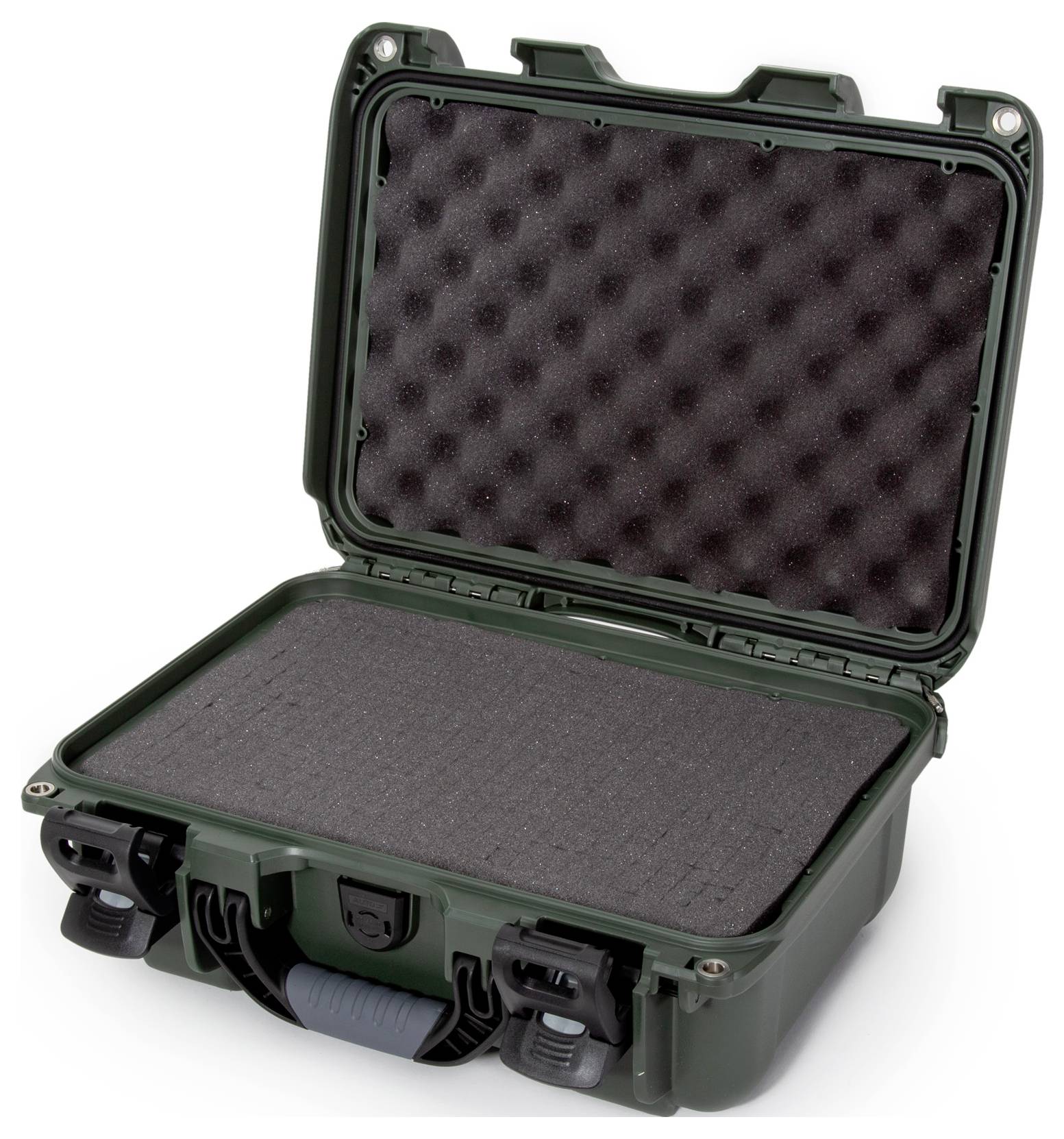 Zielony, otwarty kufer ochronny z wyściółką piankową, odpowiedni dla wrażliwego sprzętu.