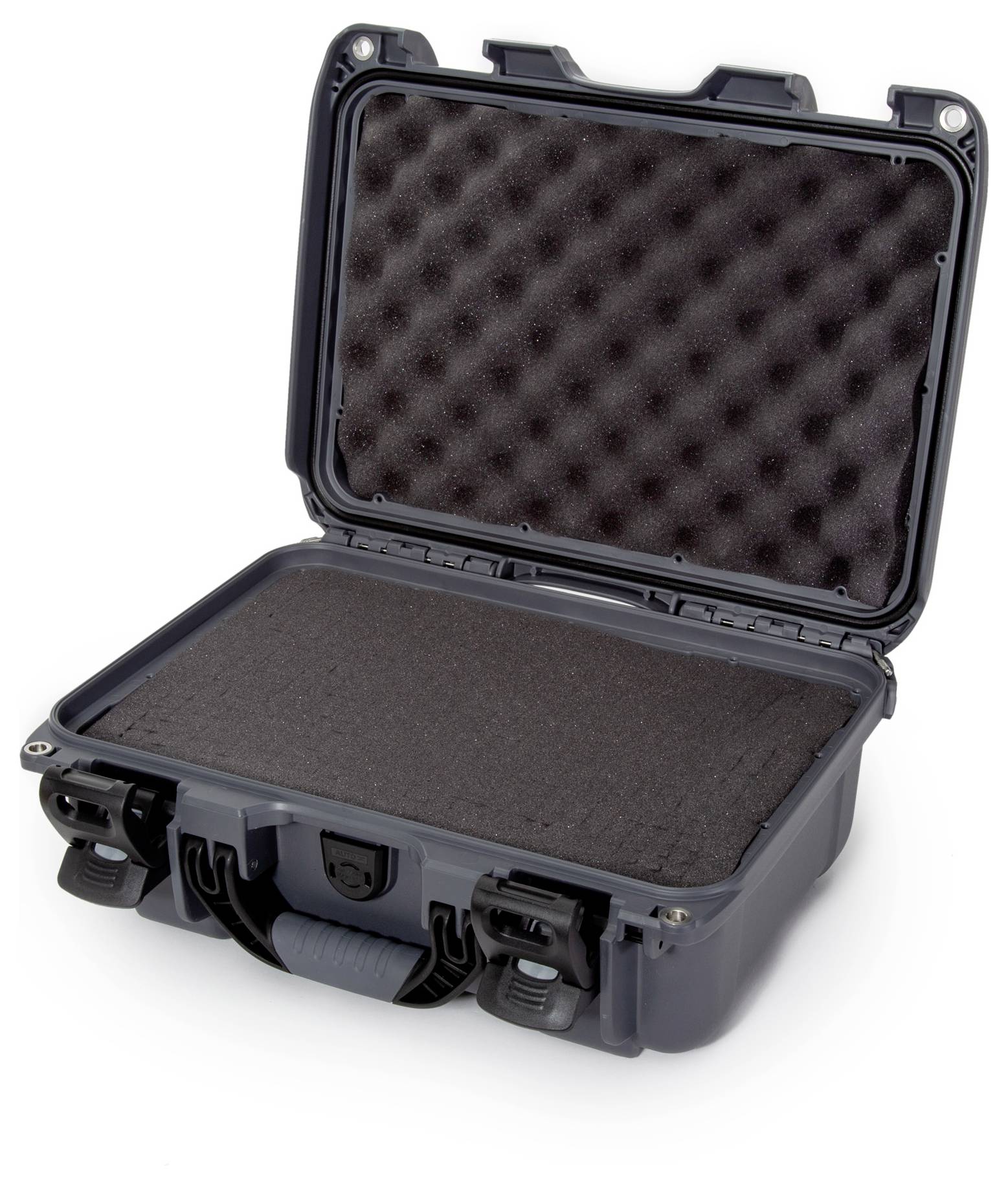 Otwarty, czarny twardy kufer z wyściółką piankową. Idealny do bezpiecznego transportu delikatnych przedmiotów.
