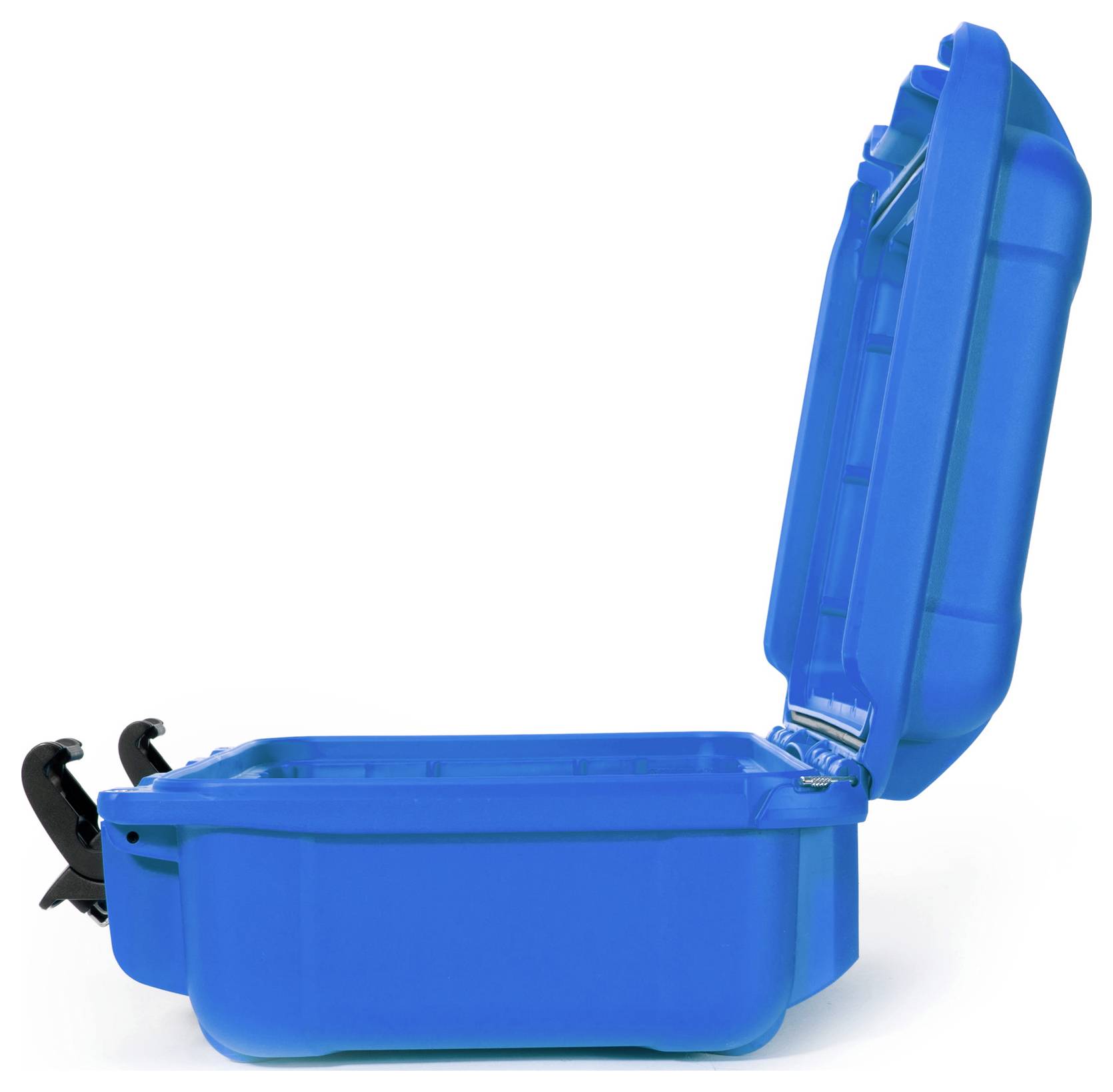 Otwarty niebieski plastikowy kufer z solidnym uchwytem i zatrzaskami, które go przytrzymują; odpowiedni do celów transportowych.