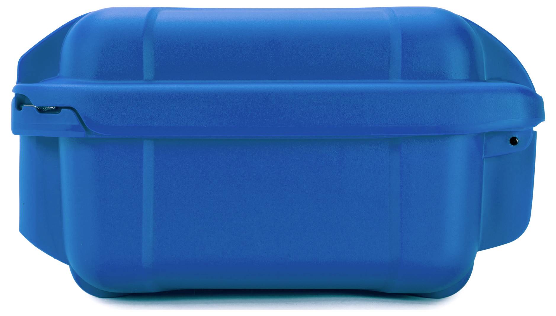 Niebieski, prostokątny, wytrzymały pojemnik z tworzywa sztucznego z pokrywką. Odpowiedni do transportu lub przechowywania.