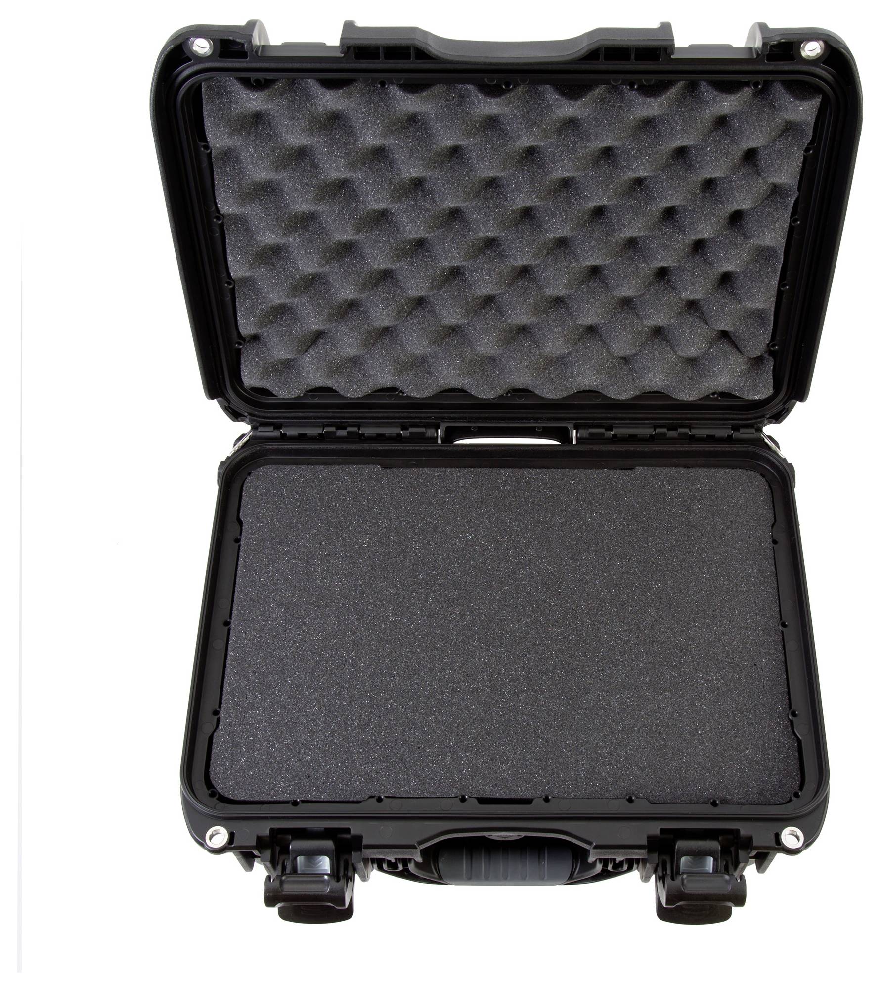 Otwarty czarny kufer z wyściółką piankową, odpowiedni do bezpiecznego transportu delikatnego sprzętu.