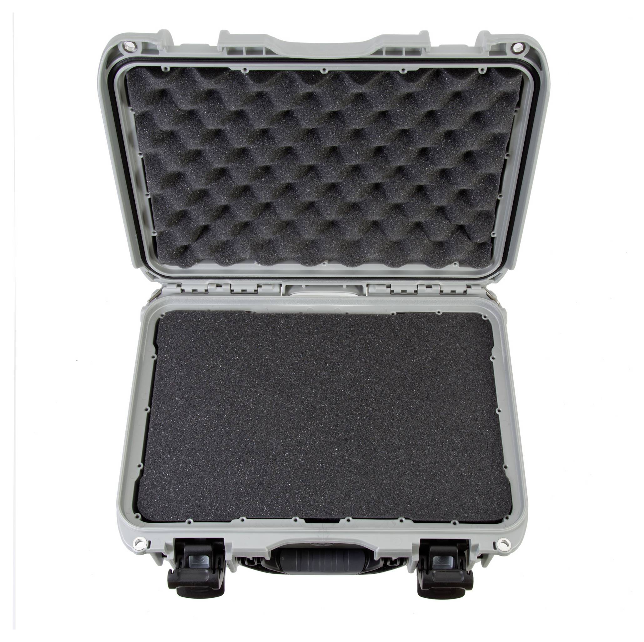 Szary, otwarty futerał ochronny z czarną wewnętrzną wyściółką z pianki, odpowiedni do bezpiecznego transportu delikatnych przedmiotów.