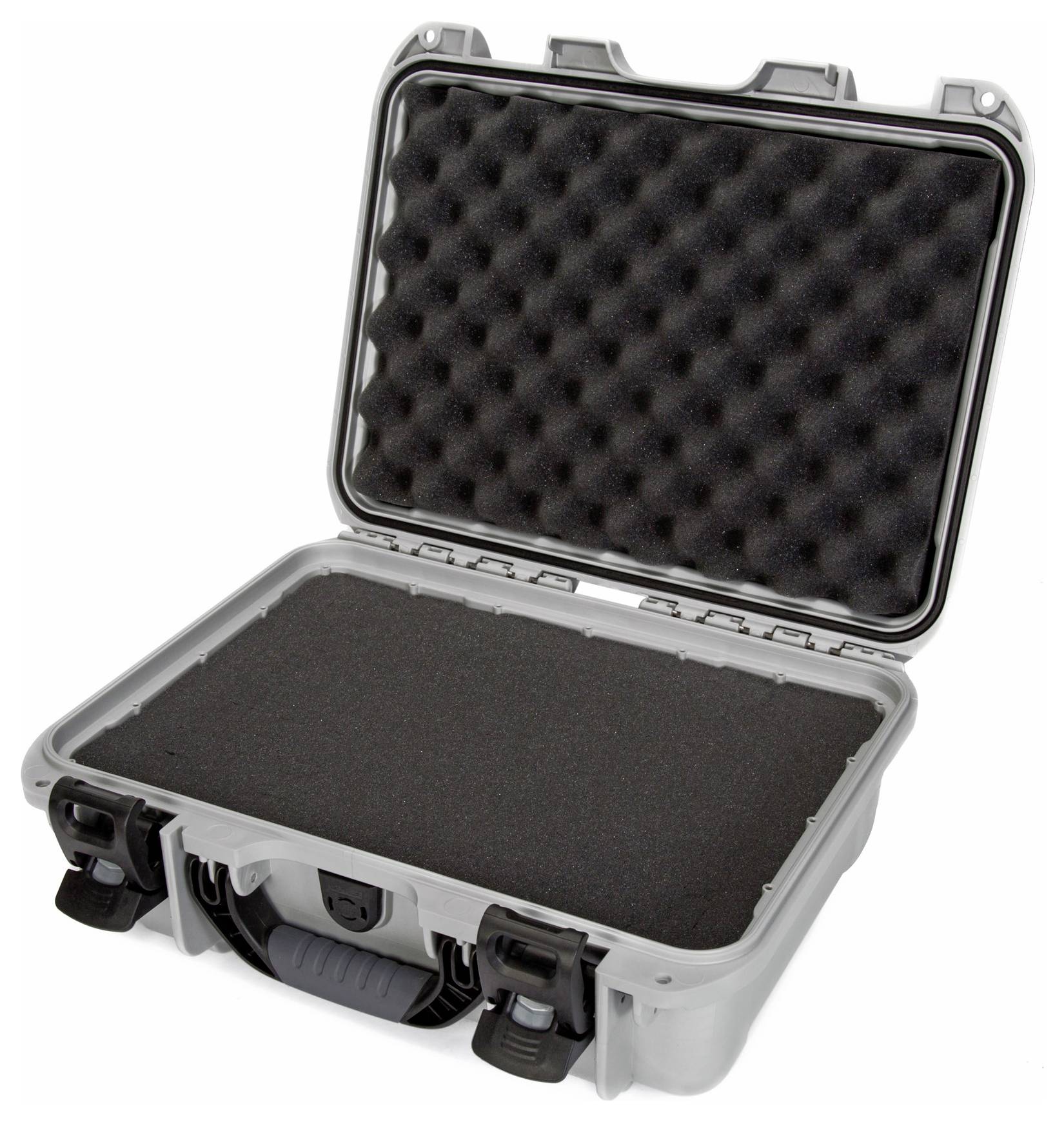 Szary, otwarty futerał ochronny z czarną wkładką piankową wewnątrz, odpowiedni do bezpiecznego transportu delikatnych urządzeń.