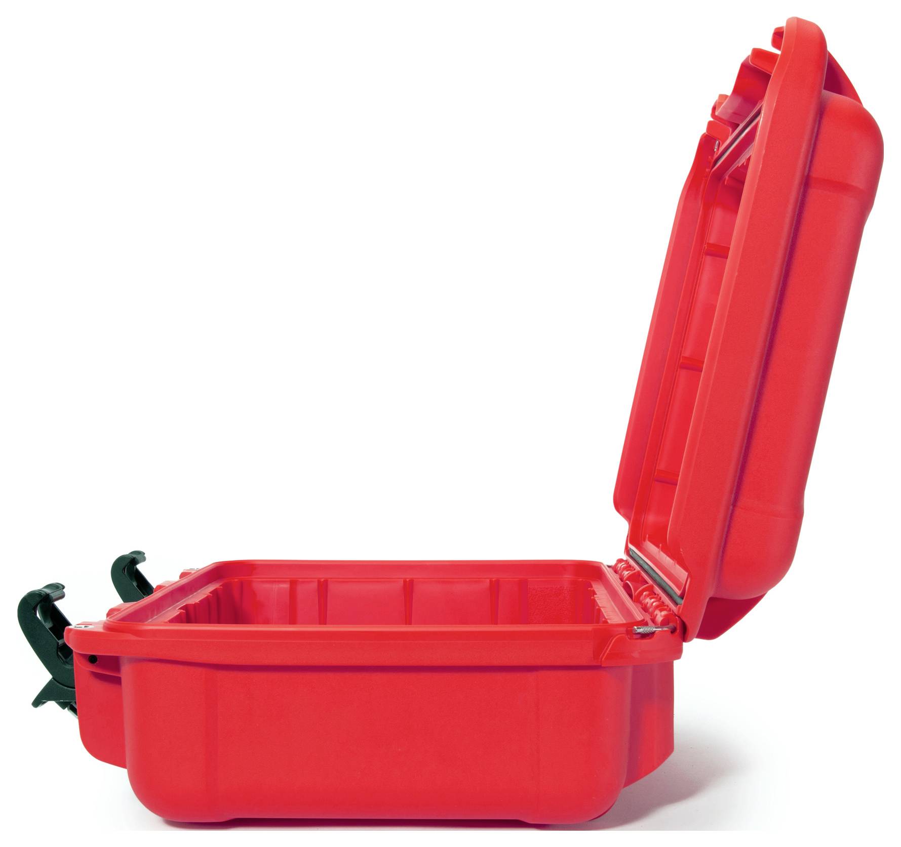 Otwarty, czerwony plastikowy kufer z zawiasami i zamknięciami.