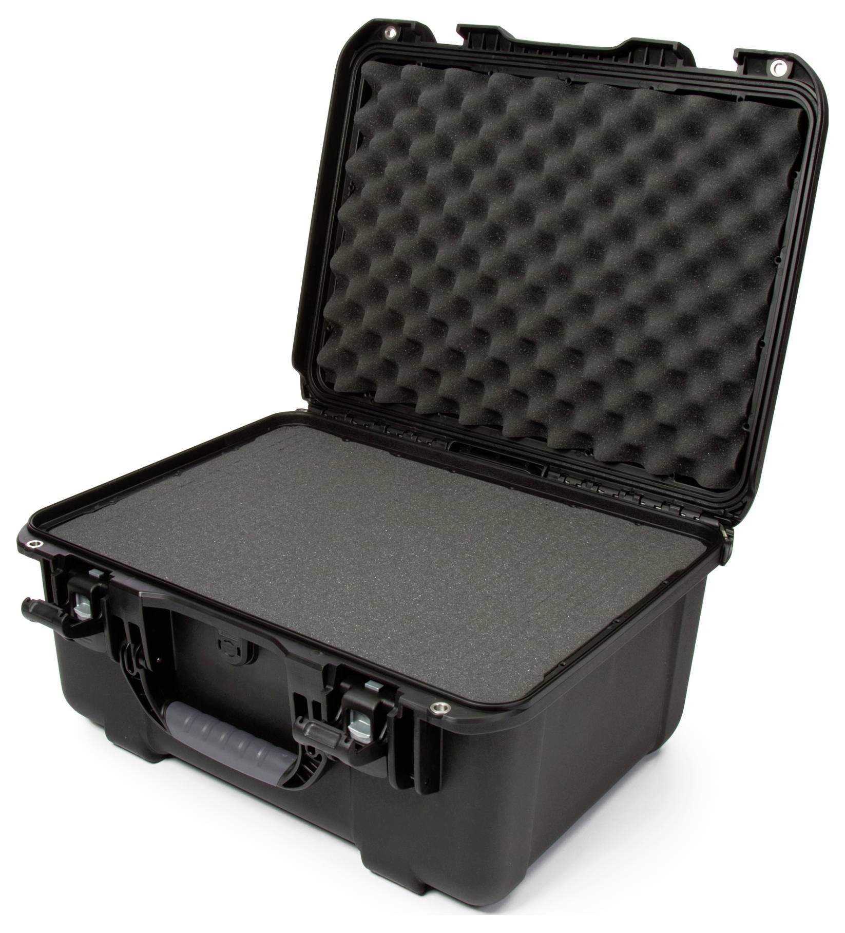 Czarny, otwarty twardy kufer z wyściółką piankową do bezpiecznego przechowywania delikatnych przedmiotów.