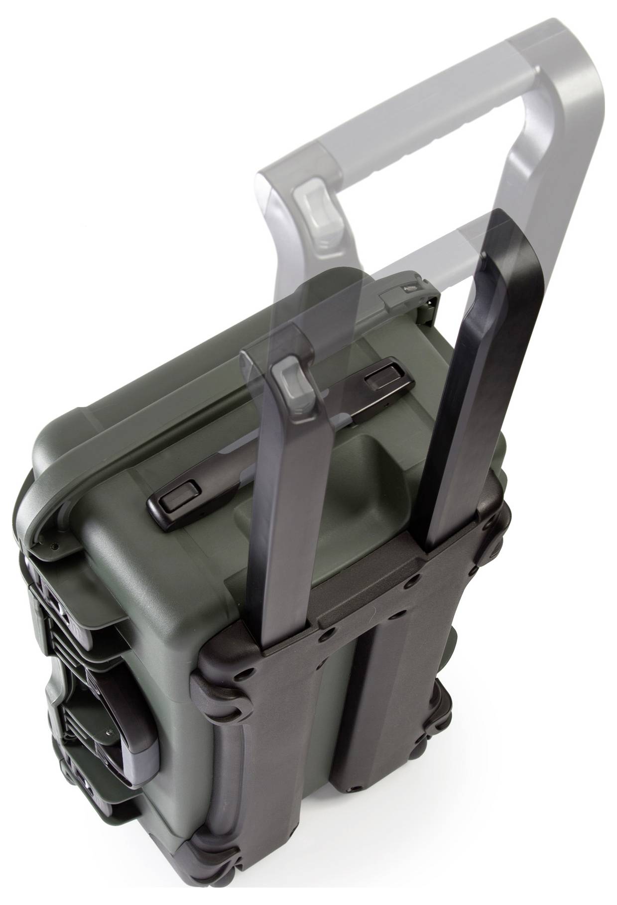 Solidny, ciemnozielony kufer z wysuwaną, czarną rączką. Odpowiedni do bezpiecznego transportu delikatnego sprzętu.