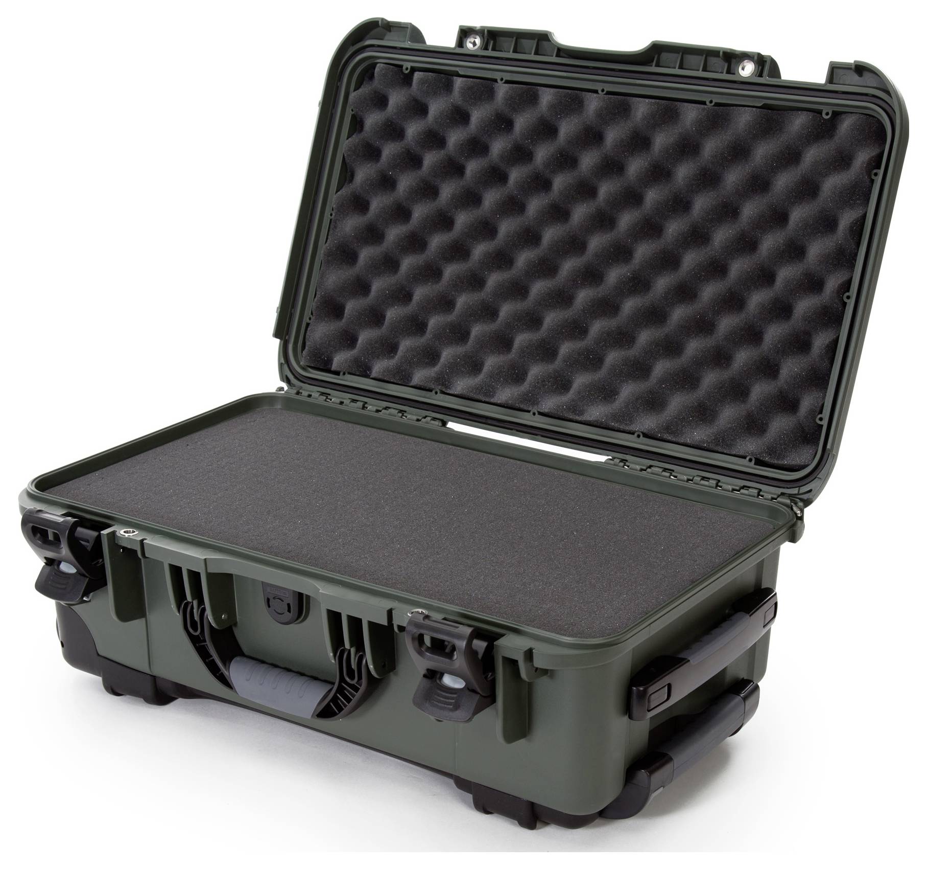 Otwarty, solidny kufer z wyściółką piankową, odpowiedni do bezpiecznego transportu delikatnego sprzętu.