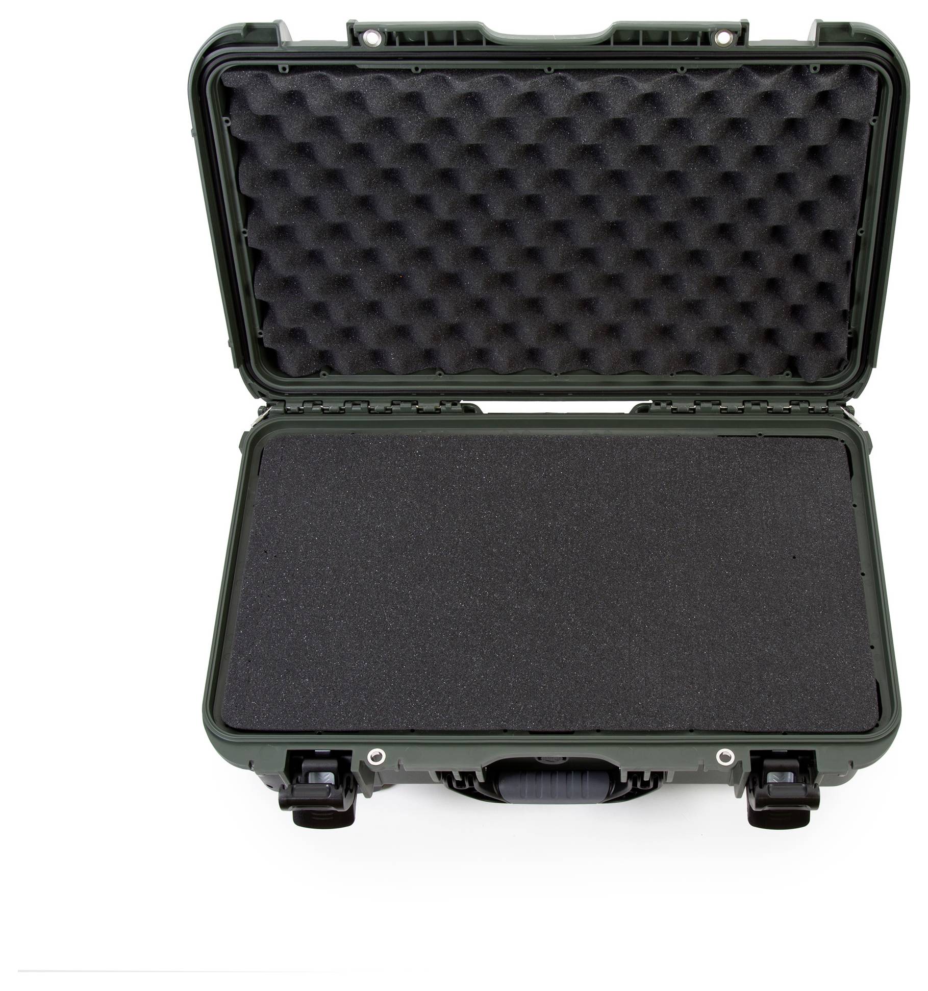 Otwarty kufer ochronny z wkładkami z pianki, odpowiedni do bezpiecznego transportu delikatnych przedmiotów.