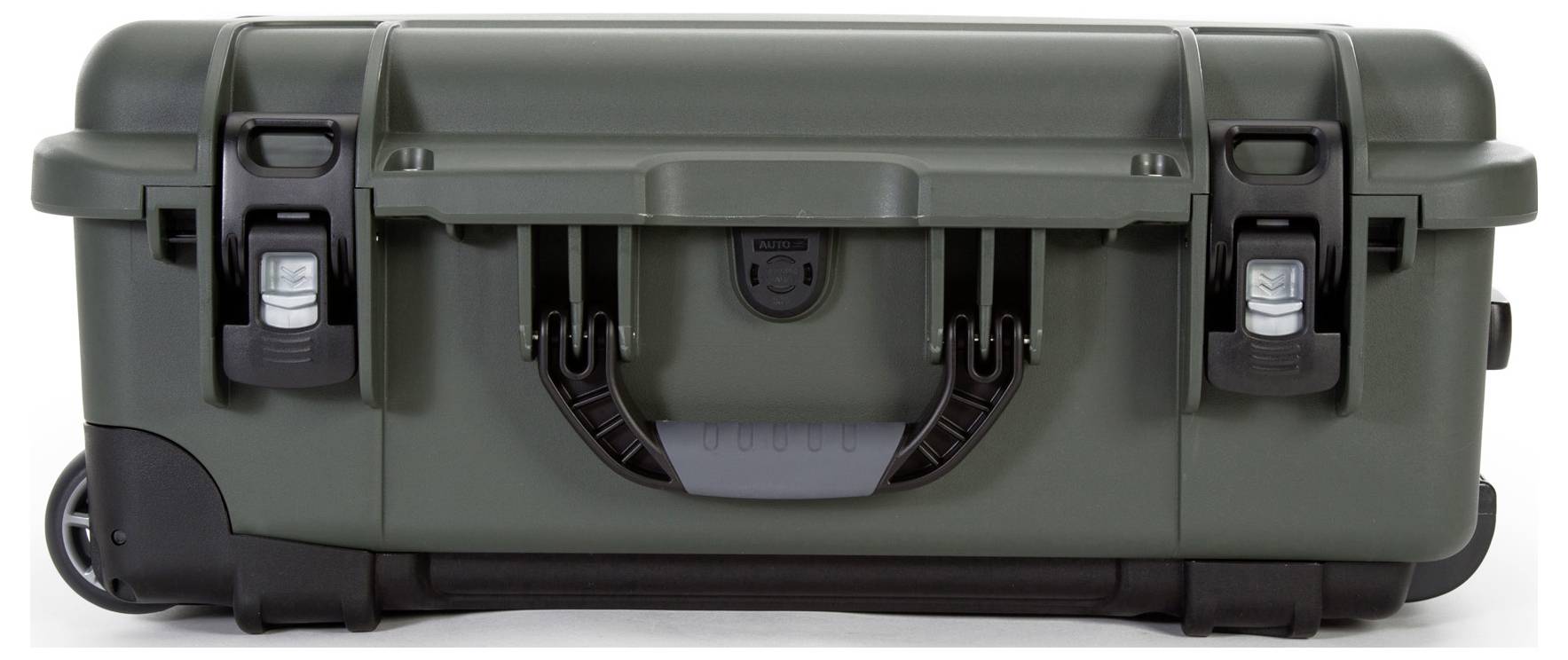 Zielony, wytrzymały kufer z tworzywa sztucznego z solidnymi zamknięciami i wbudowanym uchwytem, idealny do bezpiecznego transportu delikatnego sprzętu.