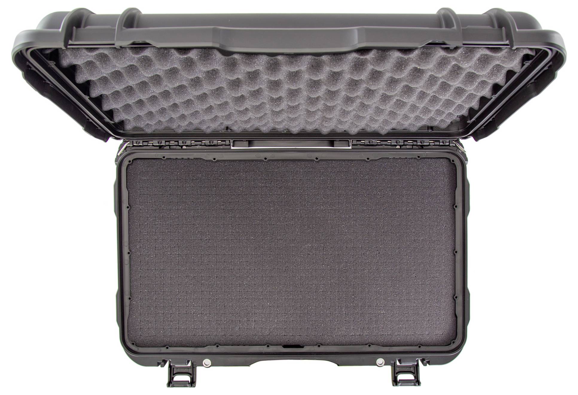 Otwarta walizka ochronna od góry, przedstawiająca wyściółkę wewnętrzną przeznaczoną do bezpiecznego przechowywania delikatnych przedmiotów.