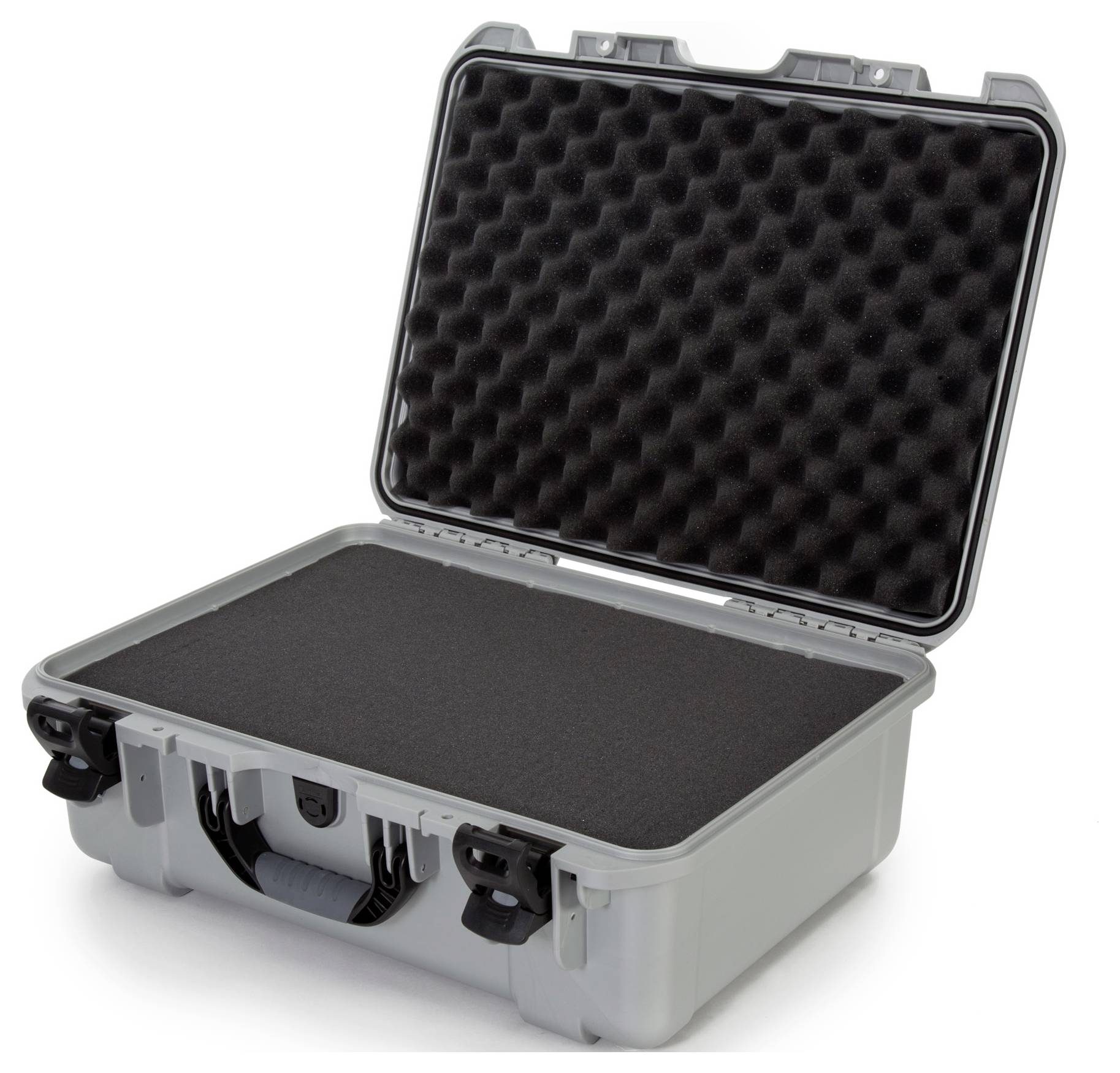 Otwarty, pusty kufer ochronny z czarną, wyściełaną wewnętrzną wyściółką i szarą obudową zewnętrzną, na białym tle.