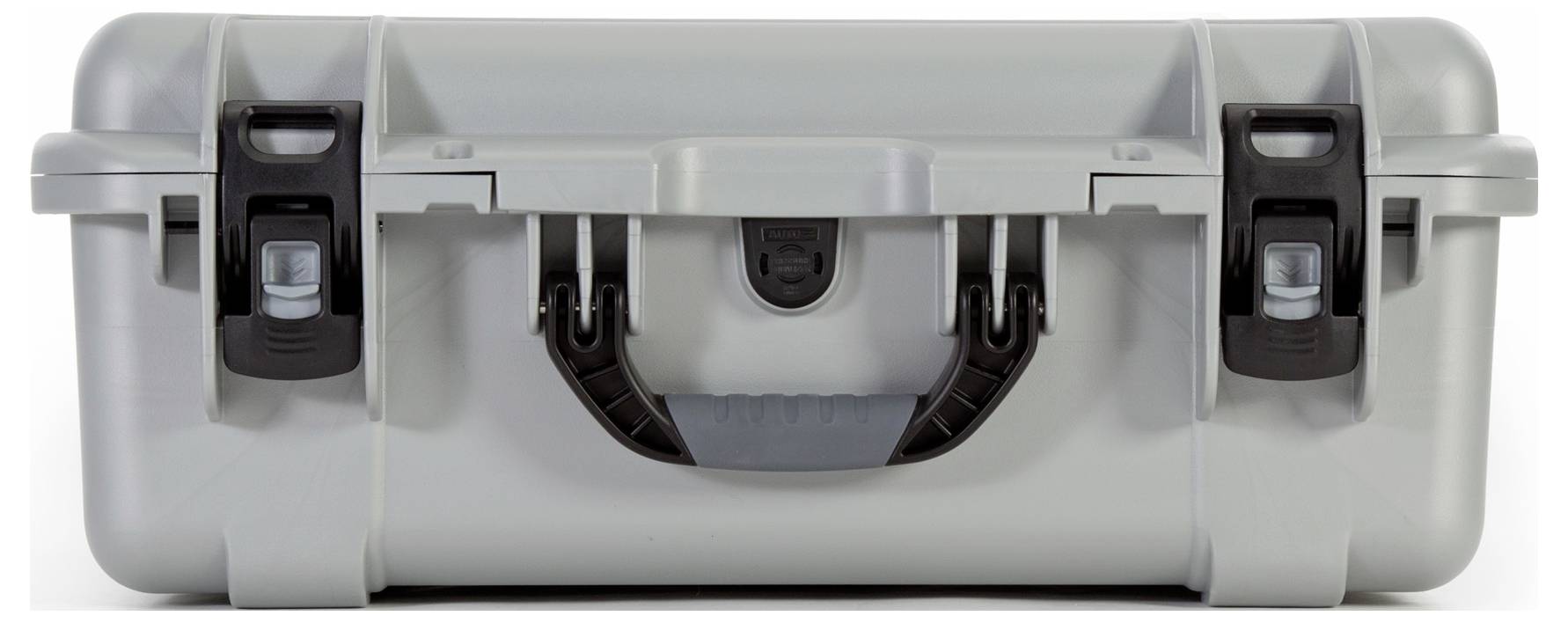 Szary twardy kufer z dwoma czarnymi zatrzaskami, o wytrzymałej konstrukcji, odpowiedni do bezpiecznego transportu delikatnego sprzętu.