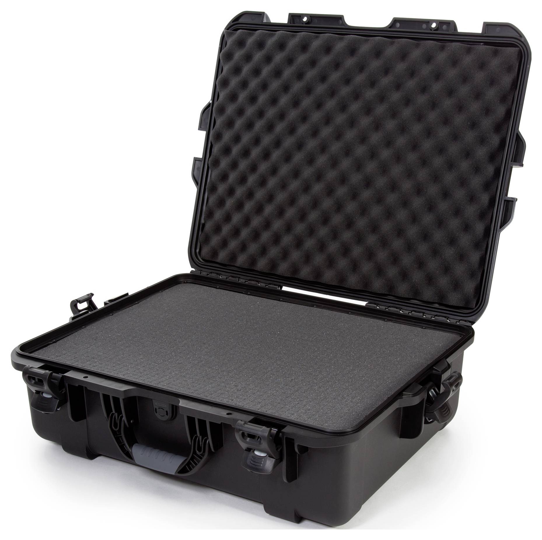 Czarny, otwarty kufer ochronny z wyściółką piankową wewnątrz, gotowy do przechowywania delikatnych przedmiotów.