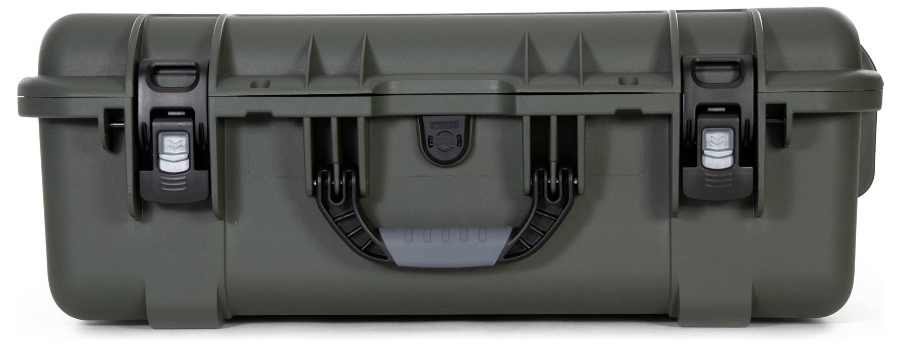 Ciemnozielona, wytrzymała walizka twardoskorupowa z dwoma czarnymi zamkami i uchwytem pośrodku, sfotografowana od przodu.