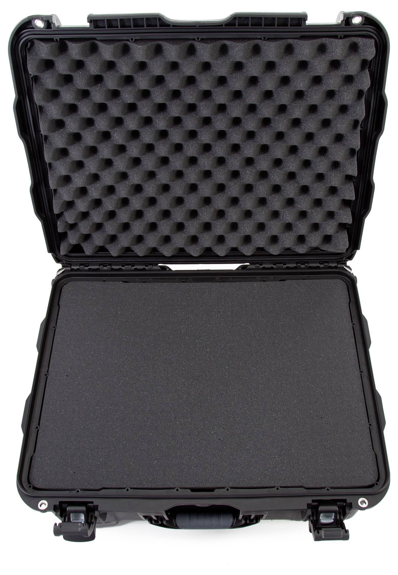 Otwarty, pusty kufer ochronny z wyściółką piankową do bezpiecznego transportu delikatnych przedmiotów.