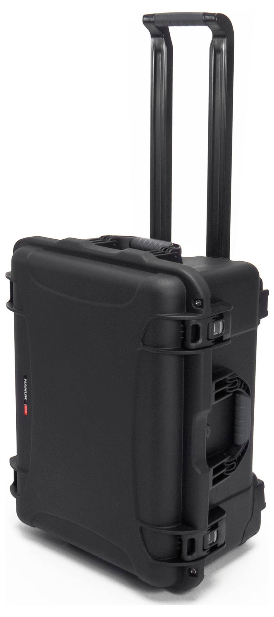 Czarny twardy walizka na kółkach z wysuwaną rączką. Idealna do podróży lub bezpiecznego transportu delikatnych przedmiotów.