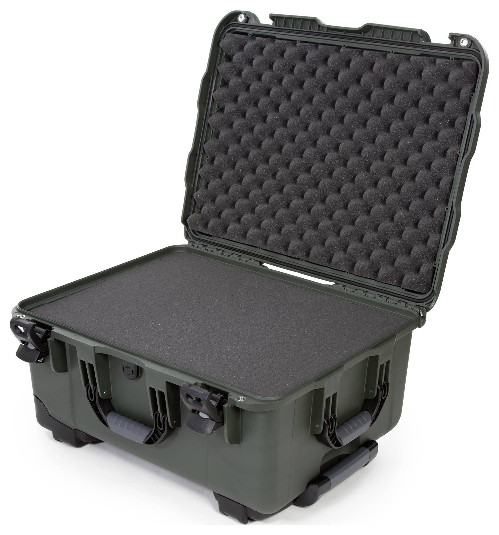 Otwarty, wytrzymały, zielony kontener transportowy z wyściółką piankową chroniącą zawartość. Idealny do przewozu delikatnego sprzętu.