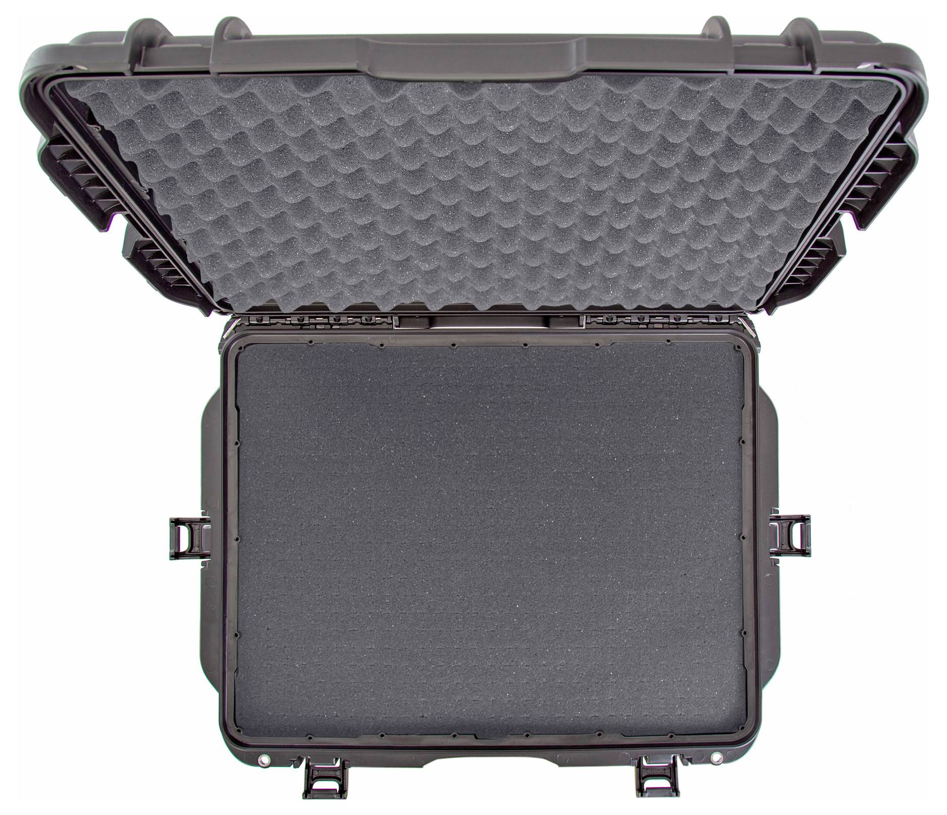 'Otwarty czarny twardy kufer z szarą wkładką piankową, odpowiedni do zabezpieczania wrażliwego sprzętu.'