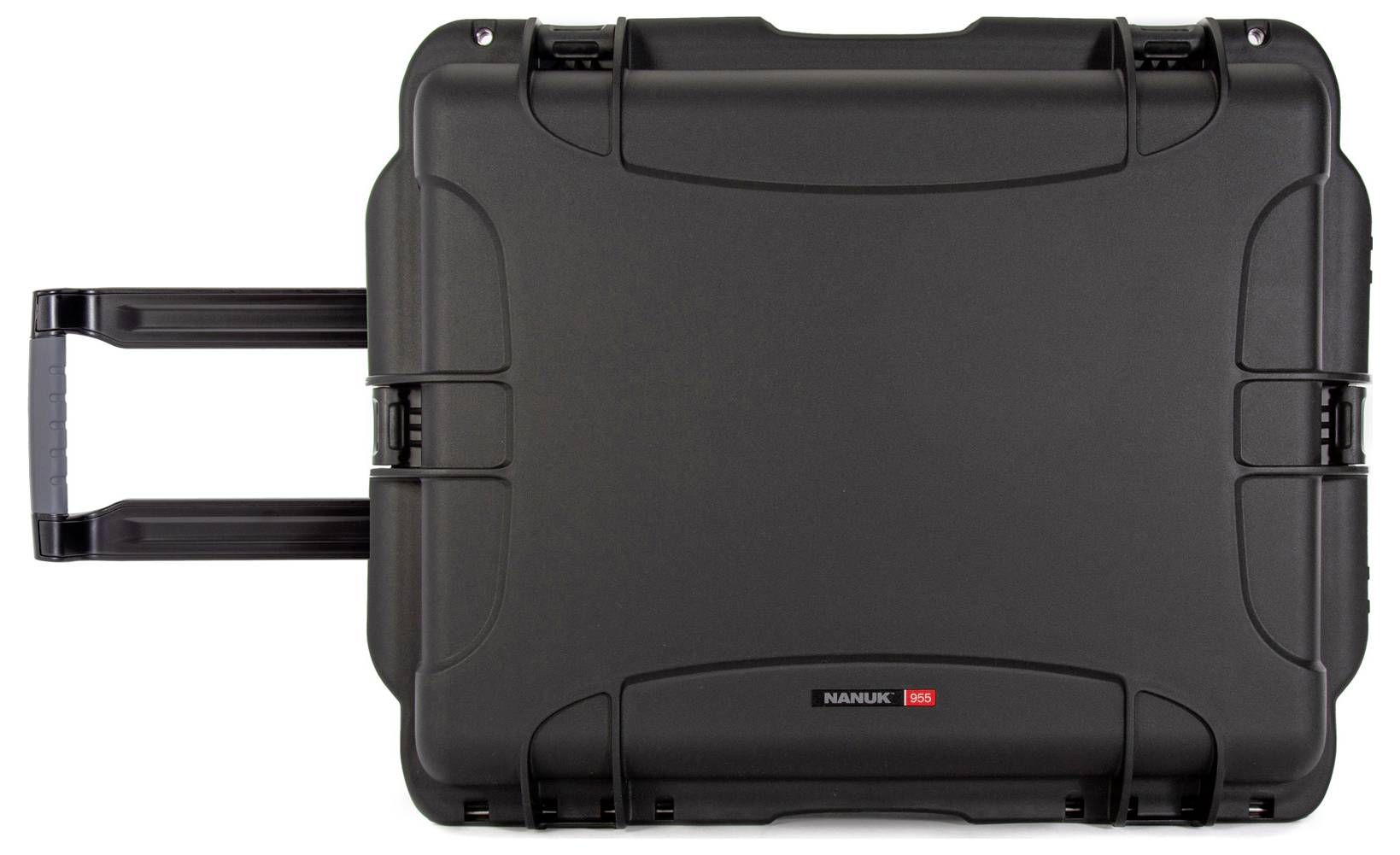 Czarny, wytrzymały kufer transportowy z wysuwaną rączką, odpowiedni do bezpiecznego przewożenia delikatnego sprzętu.