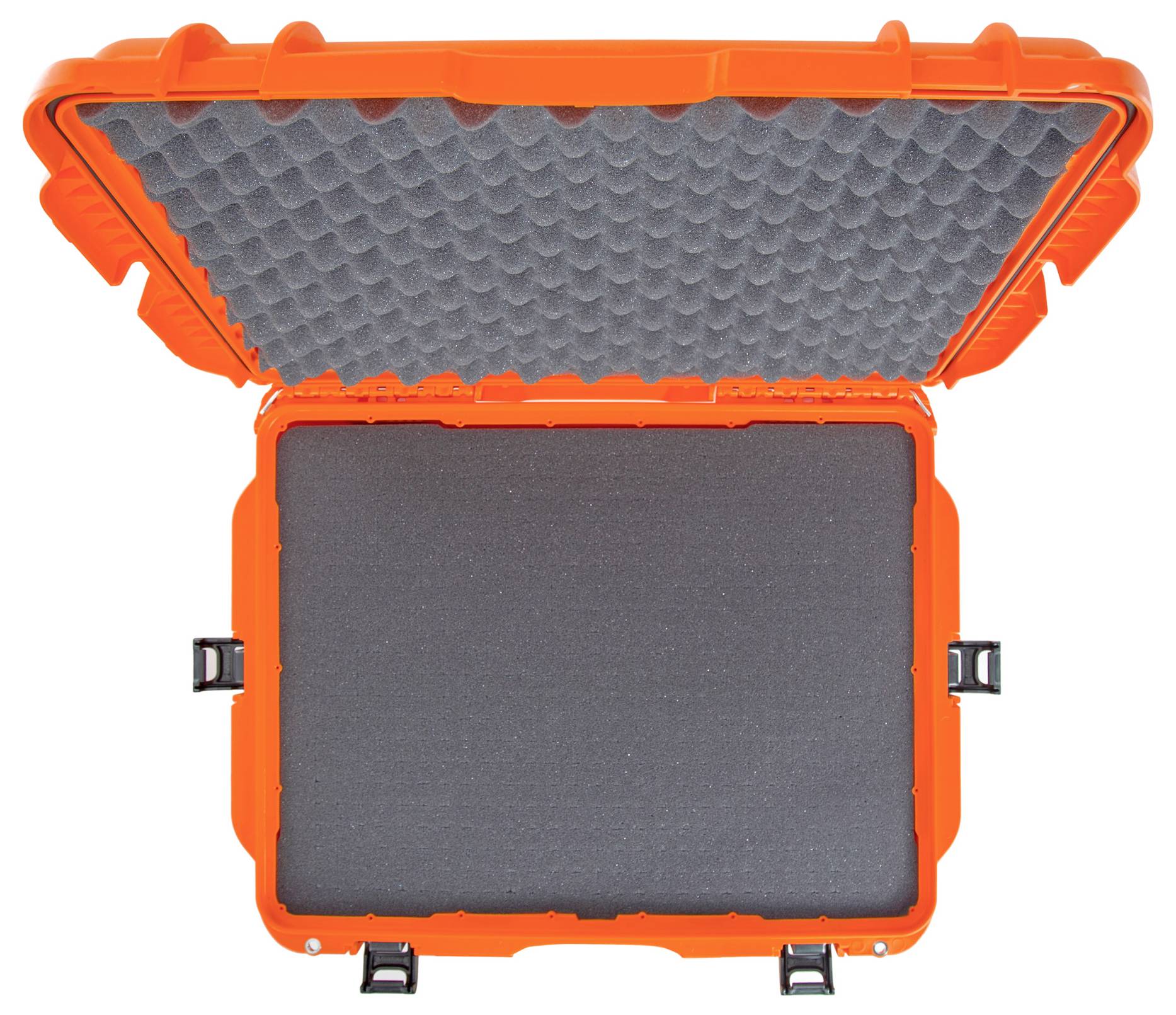 Otwarty pomarańczowy kufer ochronny z wkładkami piankowym wewnątrz, odpowiedni do zabezpieczenia i transportu delikatnych urządzeń lub przedmiotów.