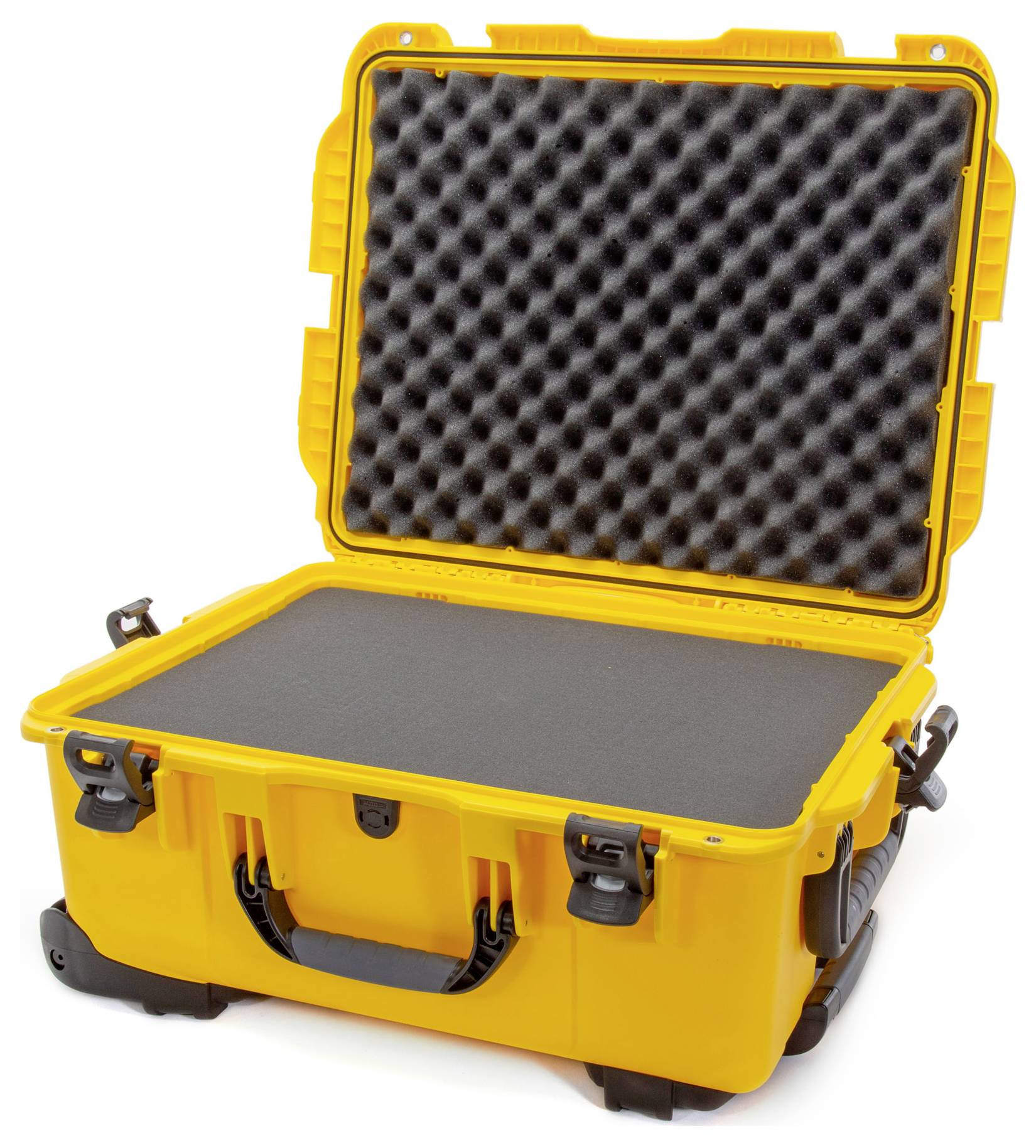 Żółta, wytrzymała walizka z otwartą pokrywą i wewnętrznym wypełnieniem piankowym, odpowiednia do bezpiecznego transportu delikatnego sprzętu.