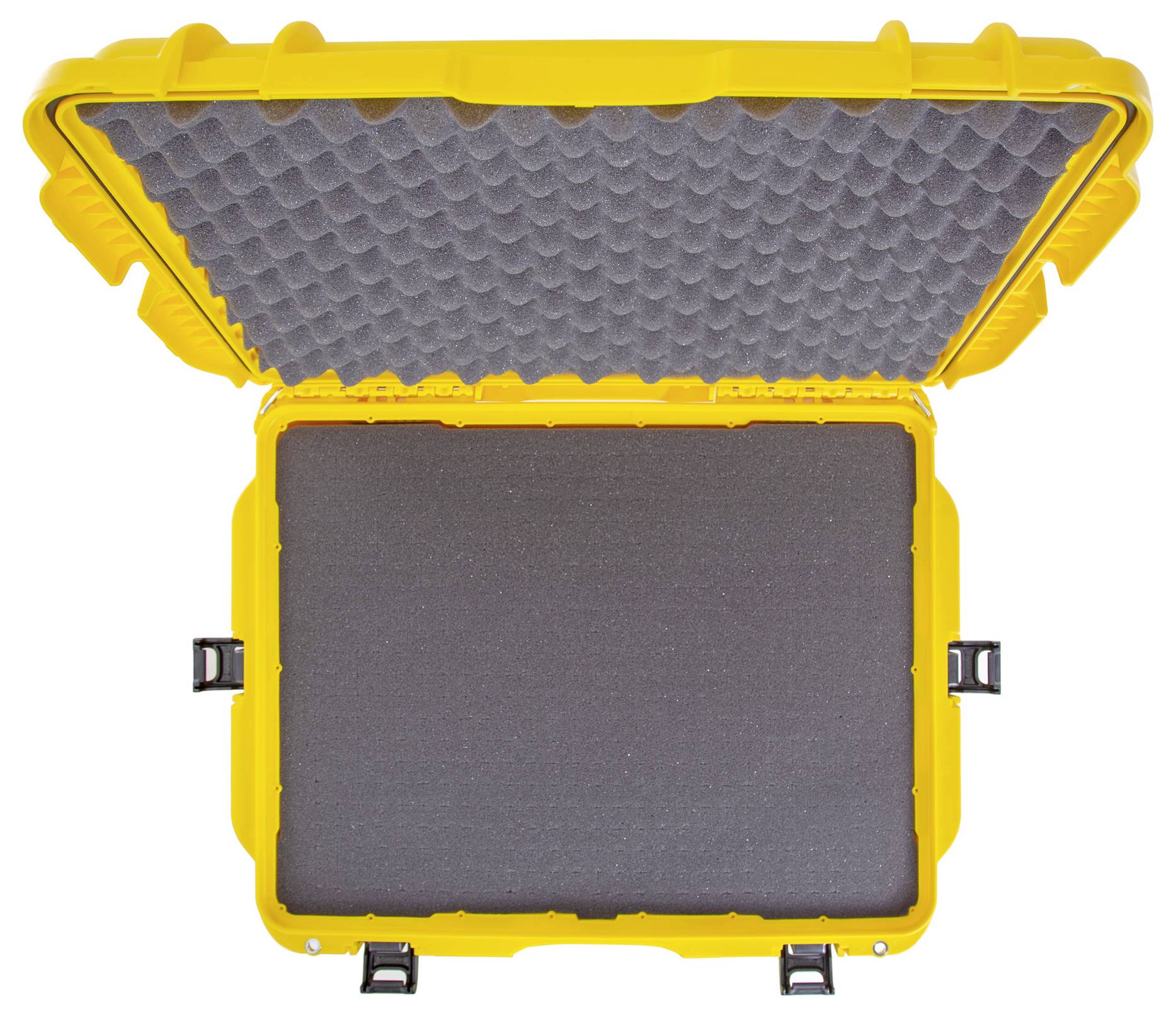 Żółta otwarta walizka ochronna z wyściółką piankową, odpowiednia do bezpiecznego transportu delikatnych przedmiotów.